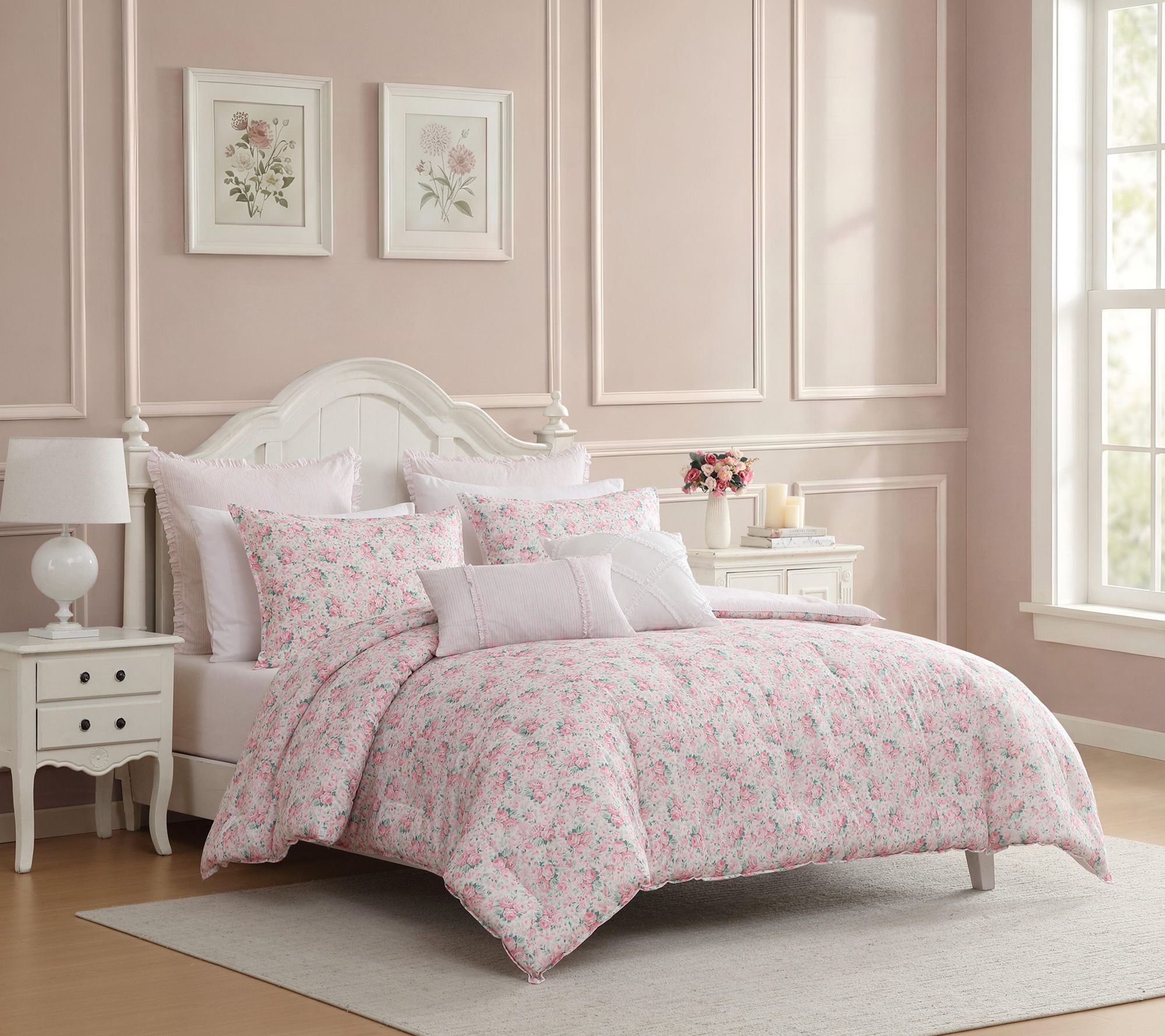 Laura Ashley Pamelposies Pink/Green 7Pc King Comforter Set