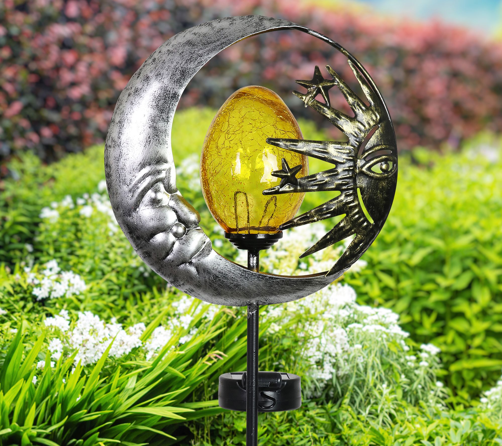 Solar Silver Sun Moon Garden Stake w/ Amber Glass by Exhart - QVC.com