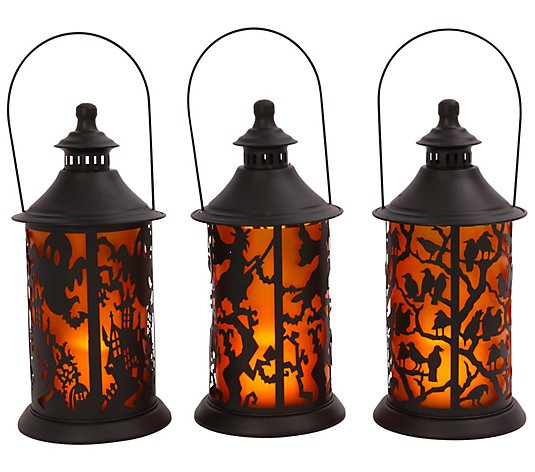 Set of 3 Battery Metal Halloween Lanterns by Gerson Co.