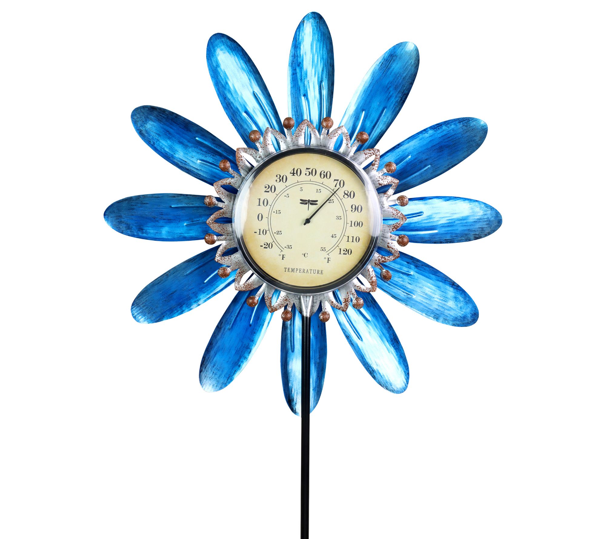 Spinning Purple Metal Flower Thermometer Garden Stake