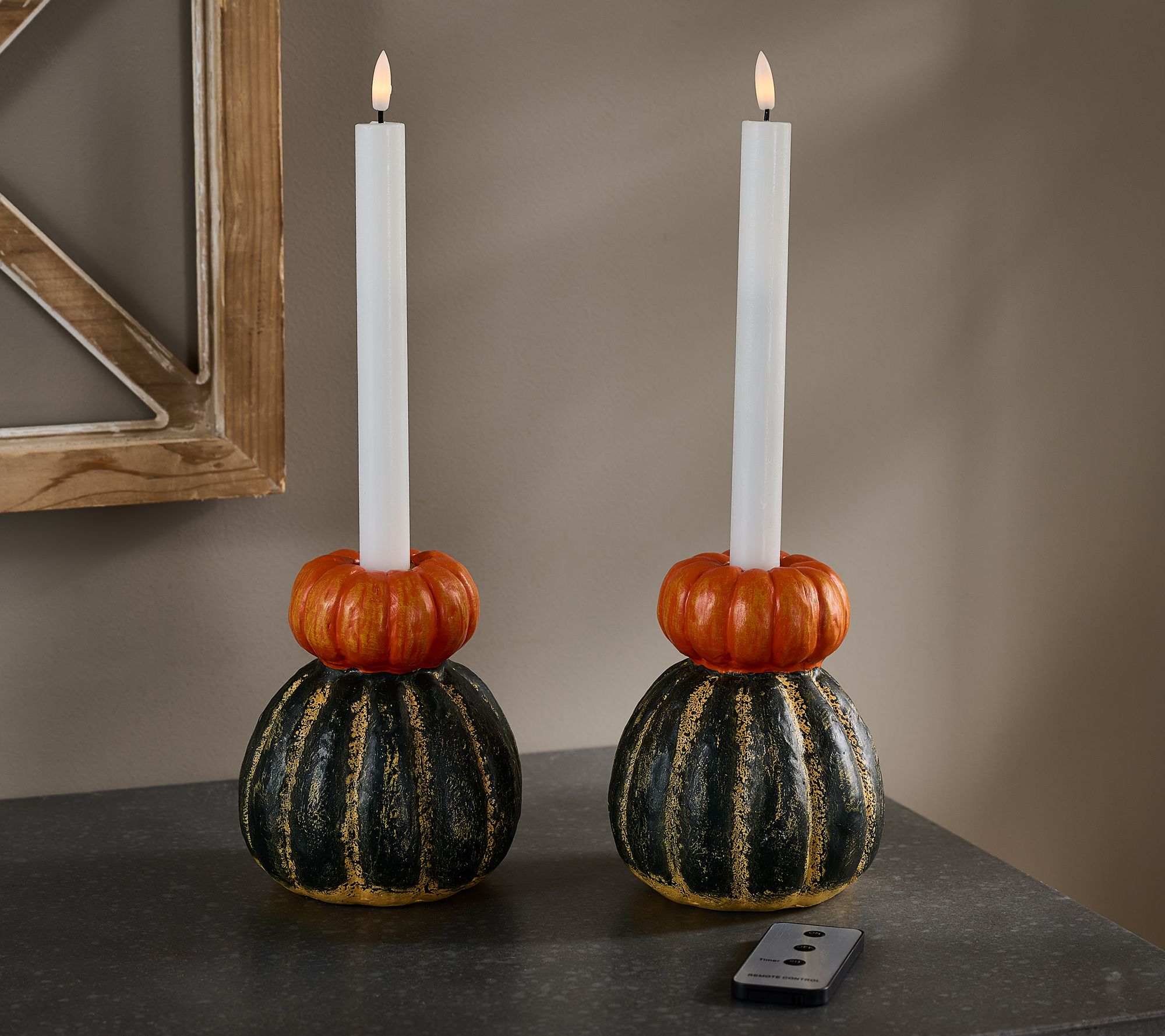 Hay & Harvest S/2 Pumpkin Candle Holders w/ Flameless Tapers