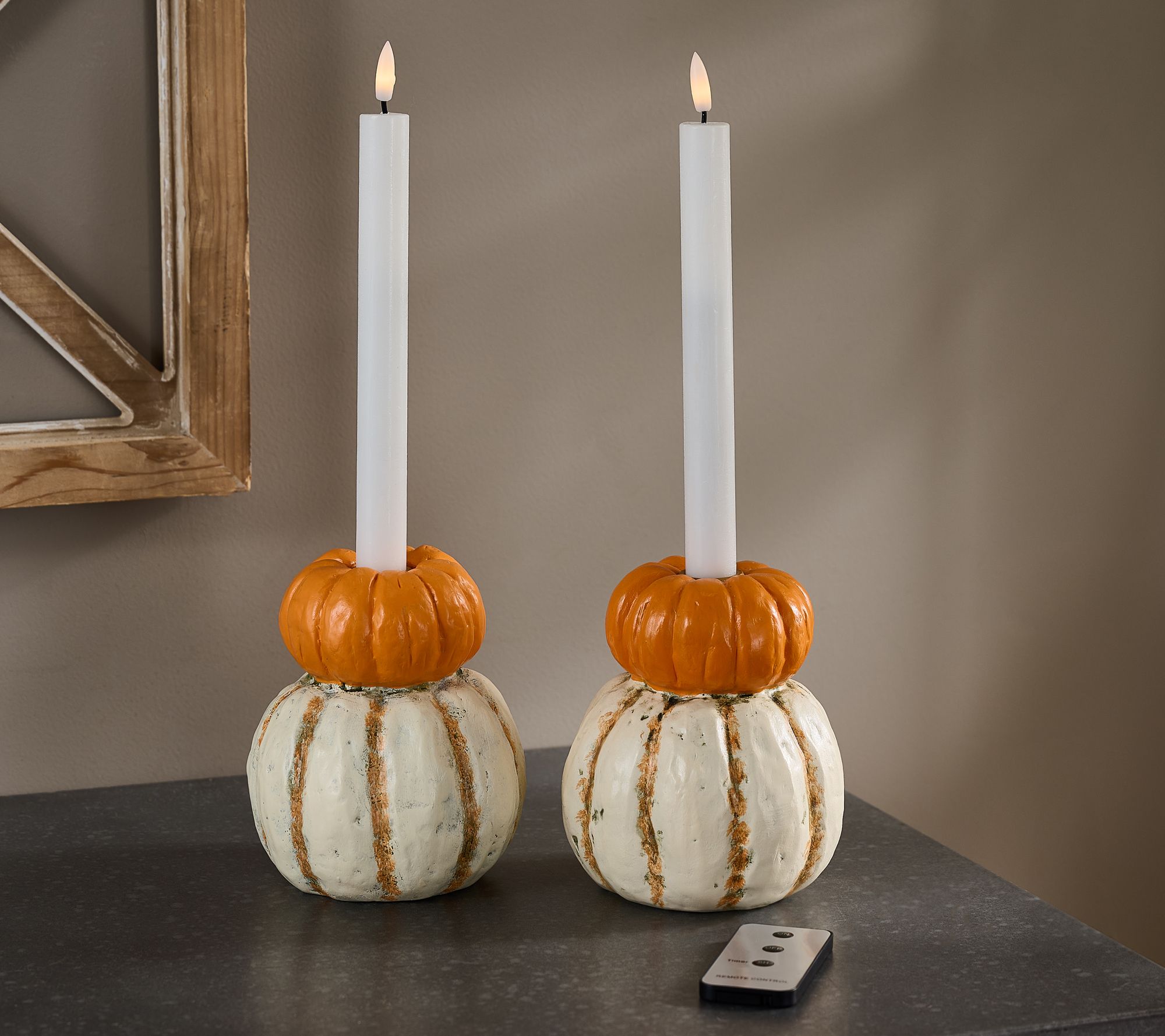 Hay & Harvest S/2 Pumpkin Candle Holders w/ Flameless Tapers