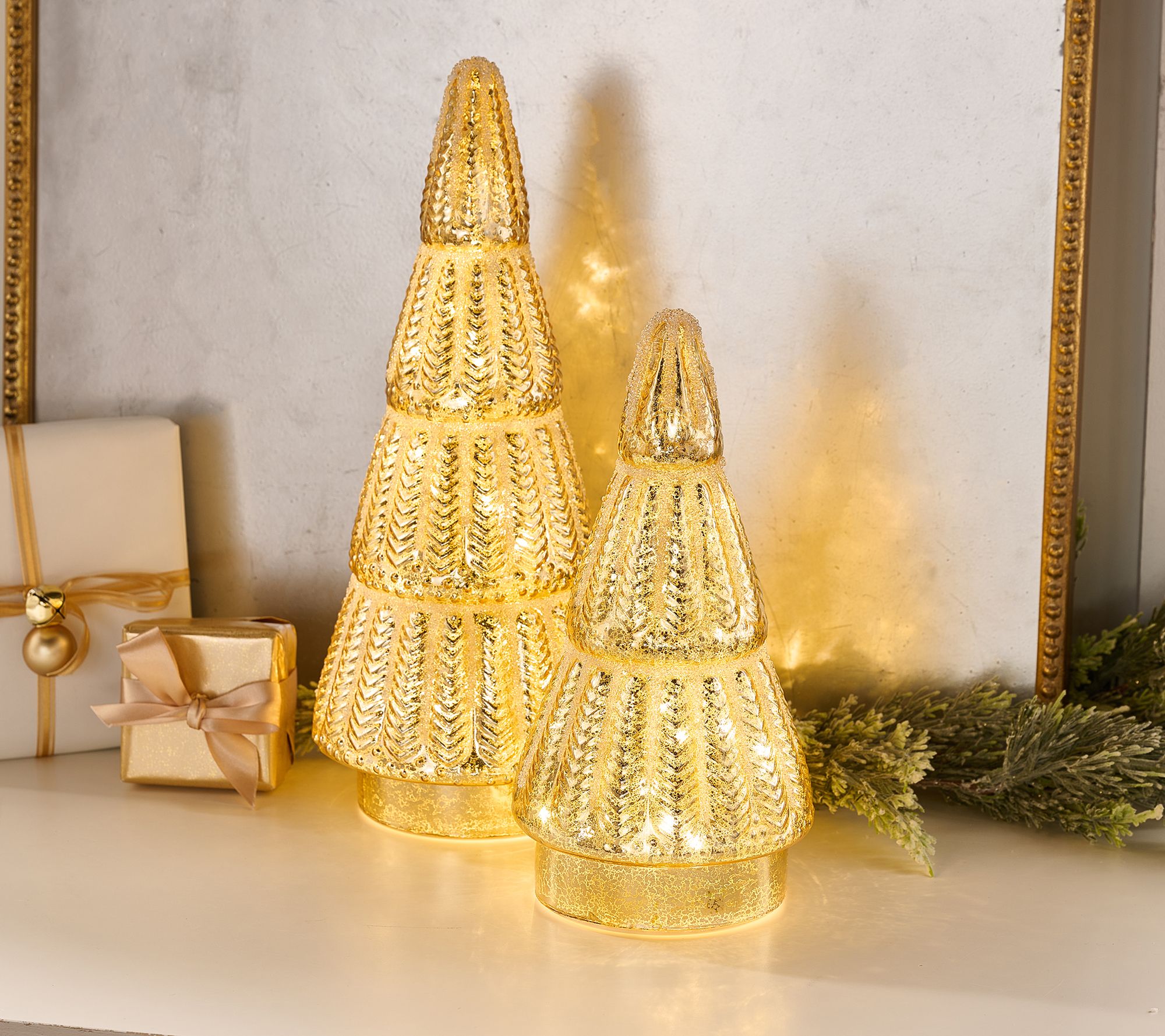 Home Reflections S/2 Illuminated 12-16" Mercury Glass Trees