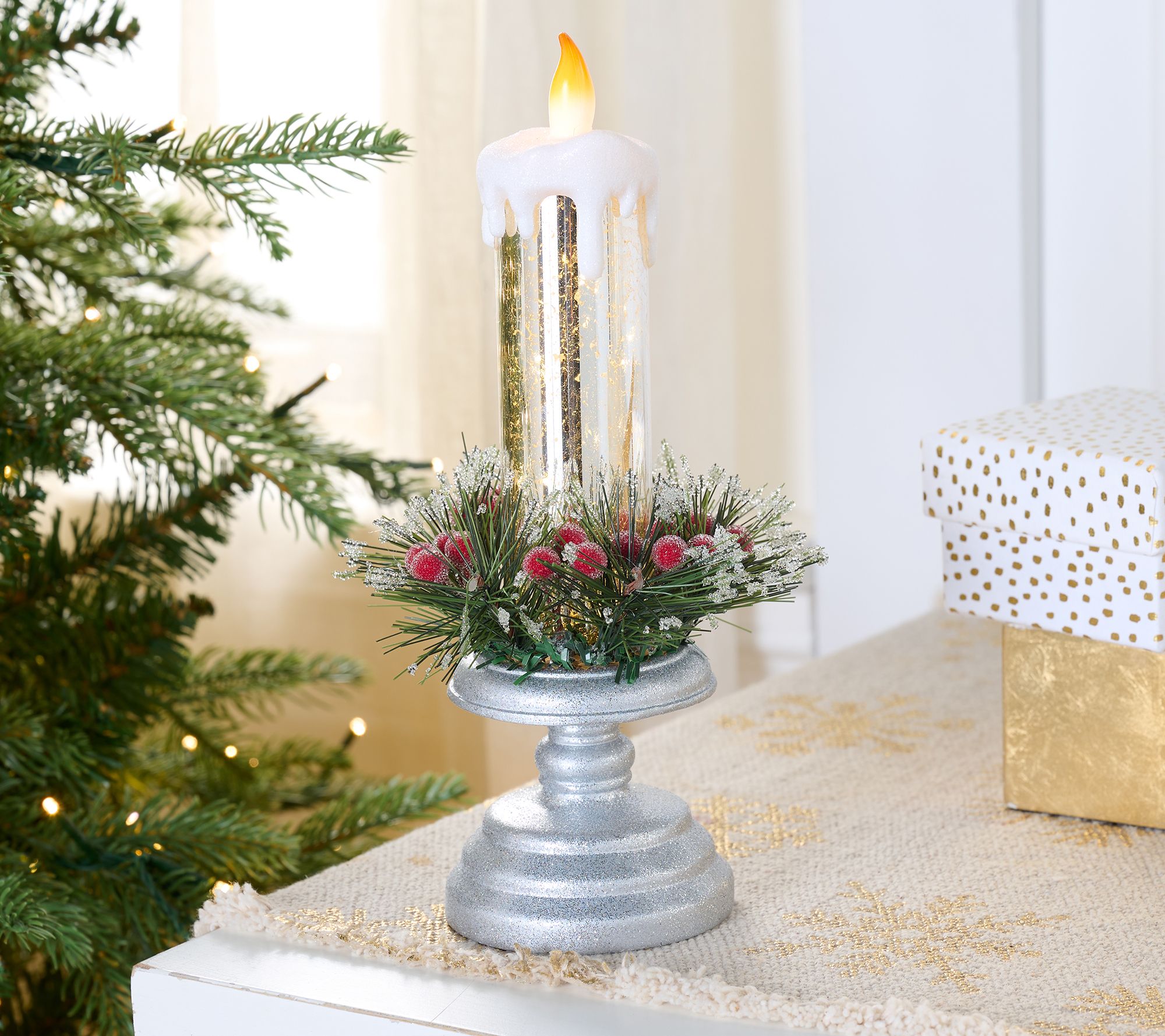 Illuminated Mercury Glass 9.5" Taper w/ Greenery by Valerie