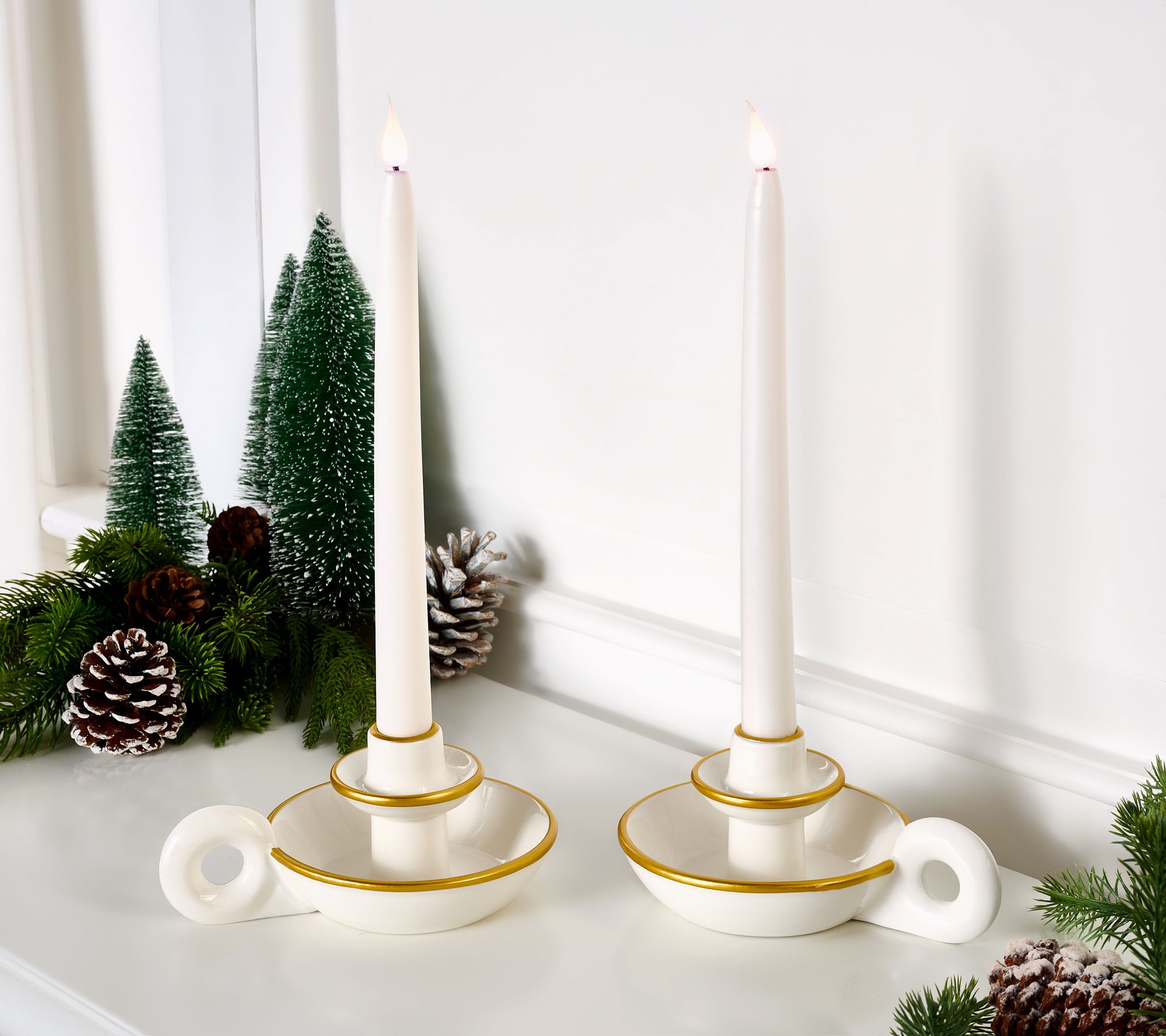 Lightscapes S/2 Flameless Ceramic Taper Holders with Candles