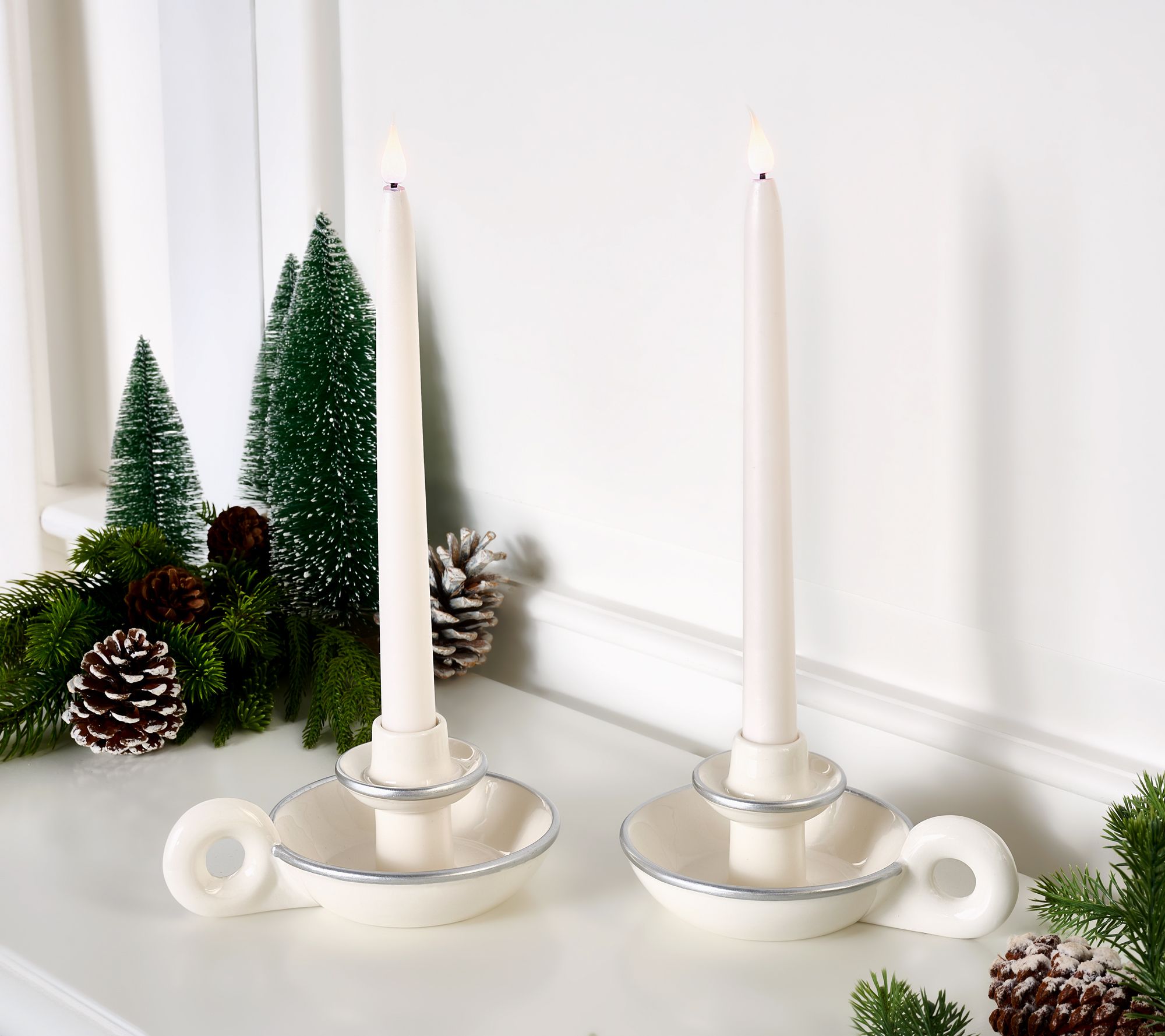 Lightscapes S/2 Flameless Ceramic Taper Holders with Candles