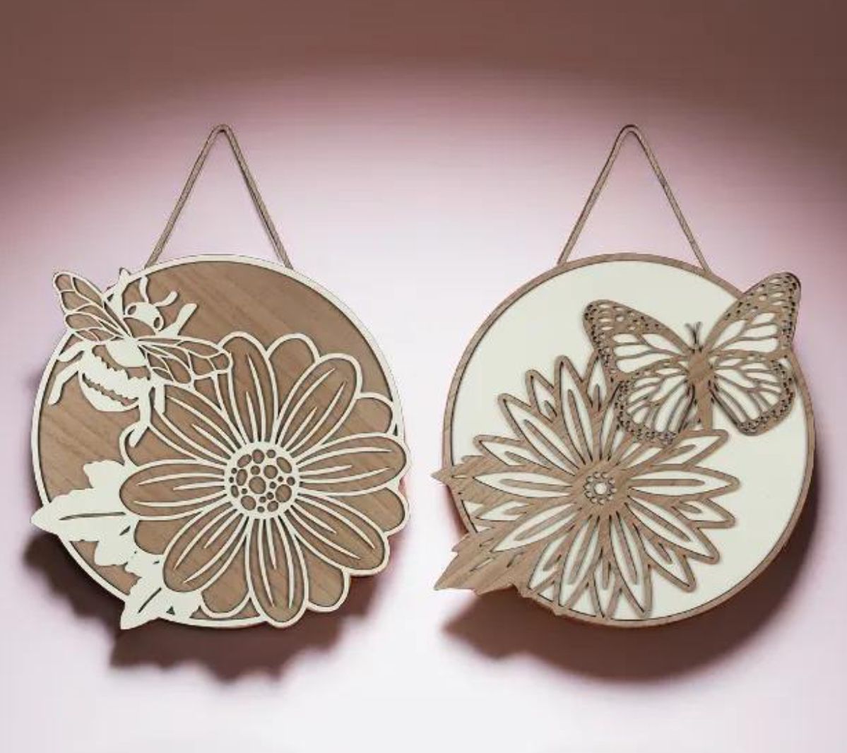 Young's Set of 2 Wood Laser-Cut Floral Design Door Hangers