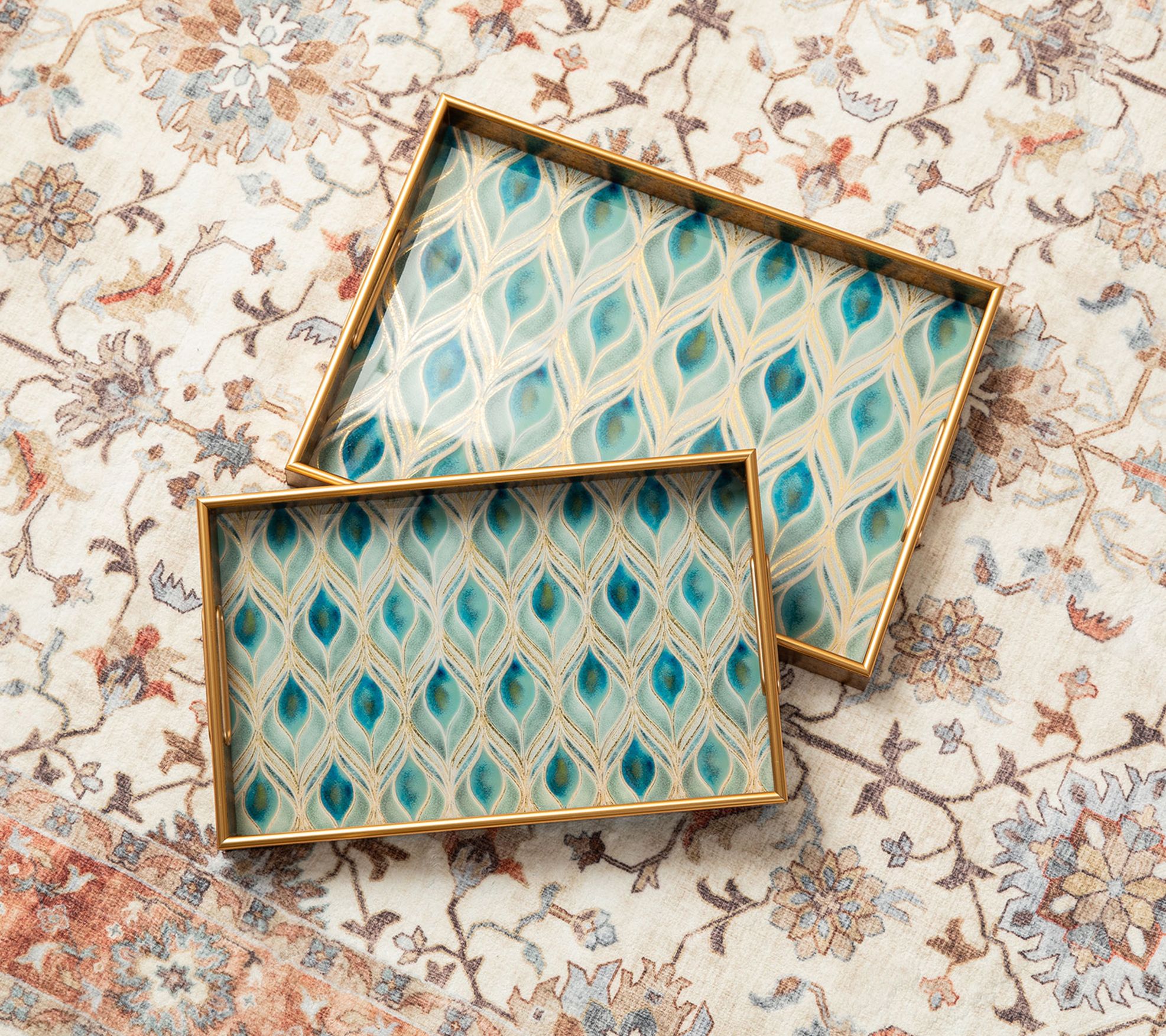 Glitzhome Rectangle Faux Wood Patterned Decorative Trays 2-Set