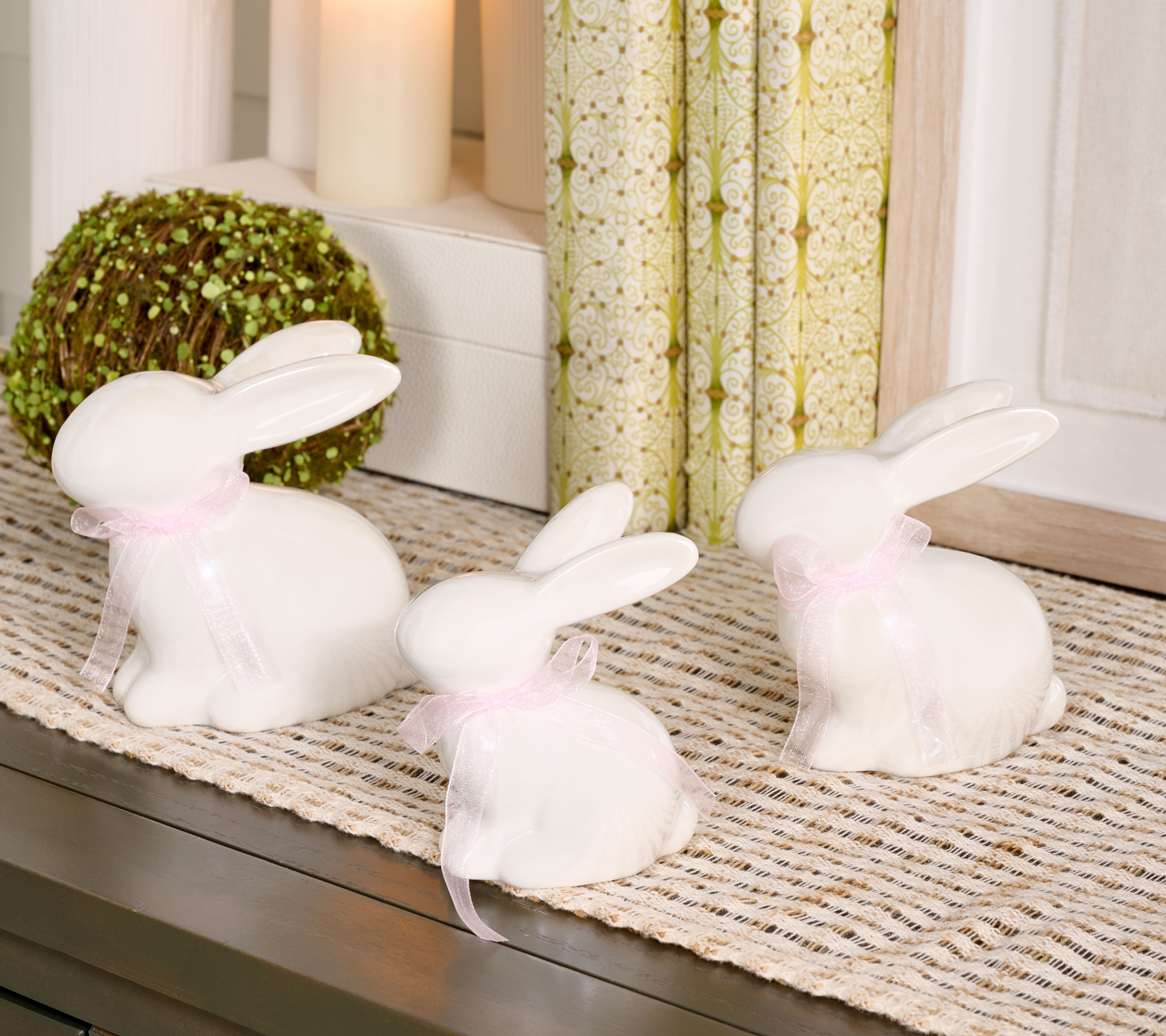  Home Reflections S/3 Pearlized Ceramic Bunnies with Bow