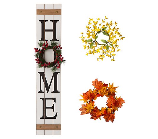 Glitzhome Home Sign with Spring, Fall, HolidayWreaths