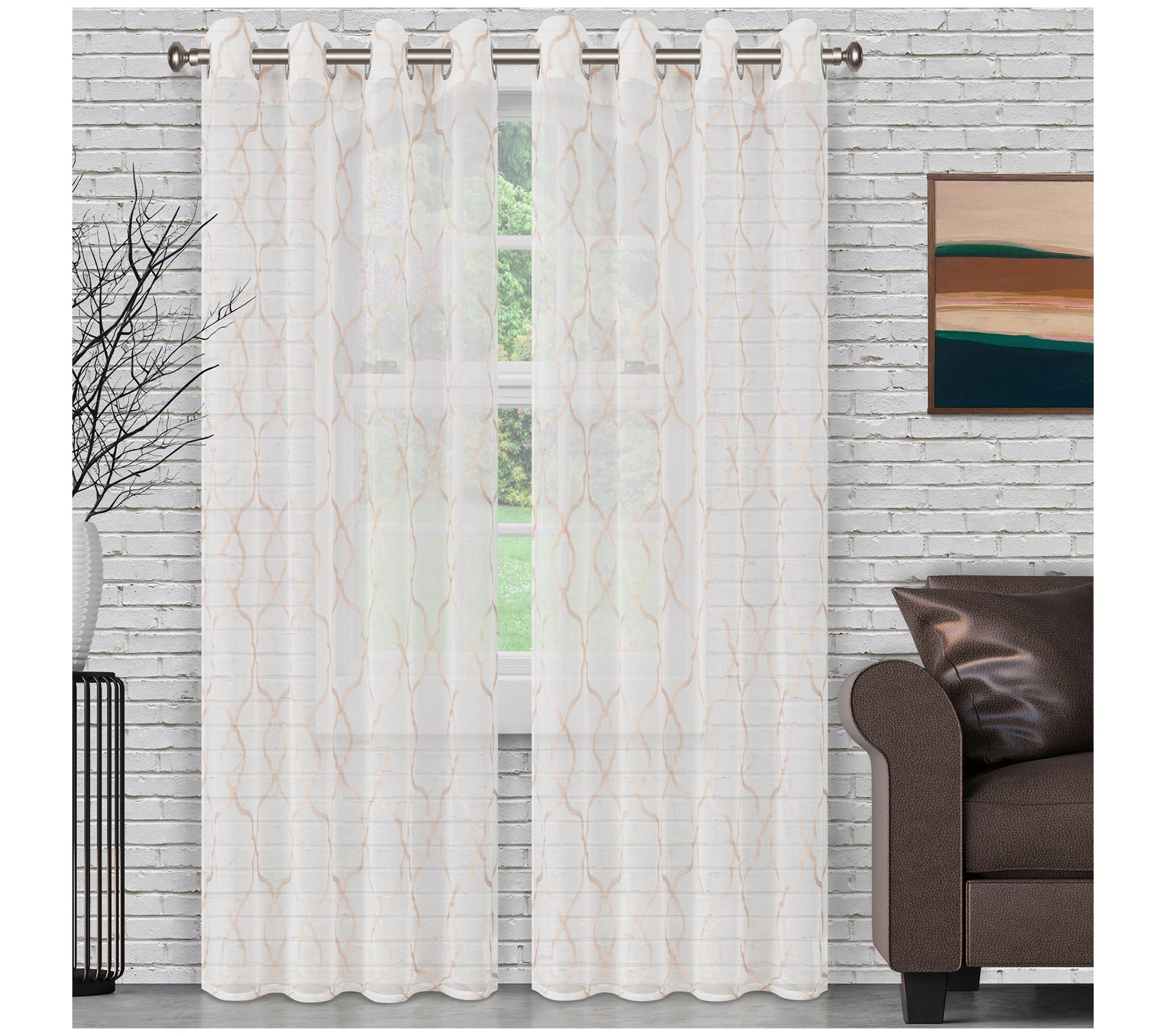Superior Embroidered Lattice Sheer Curtain Panel Set, 26"x84"