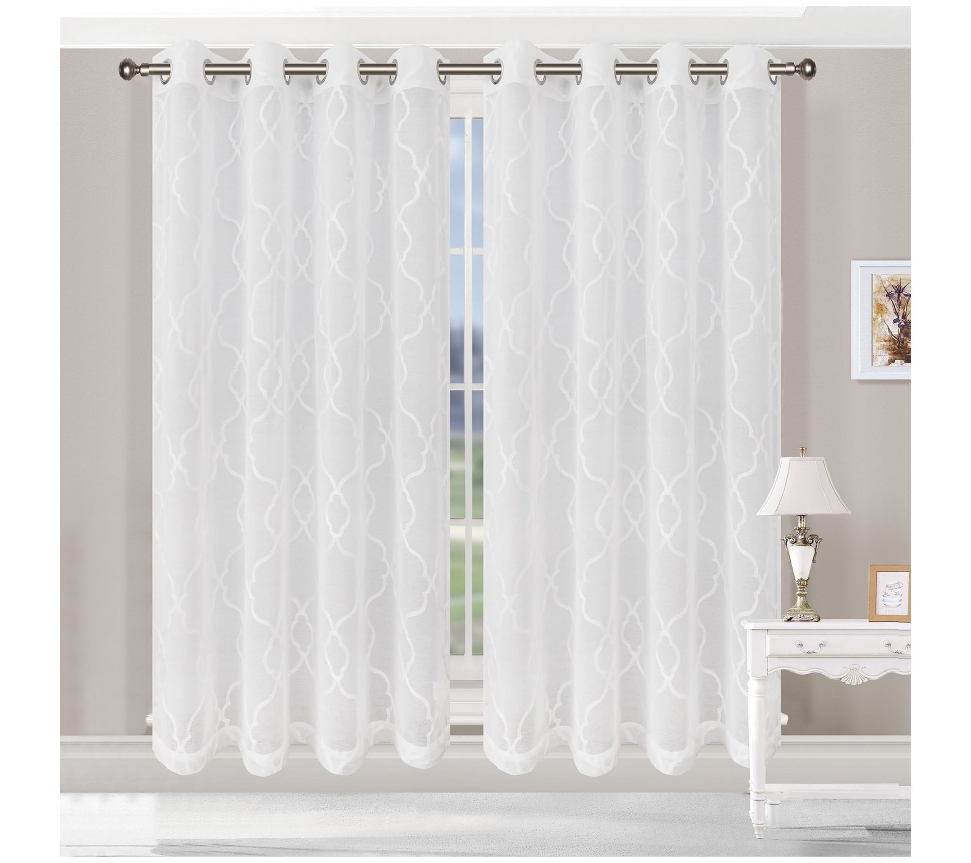 Superior Embroidered Lattice Sheer Curtain Panel Set, 26"x84"