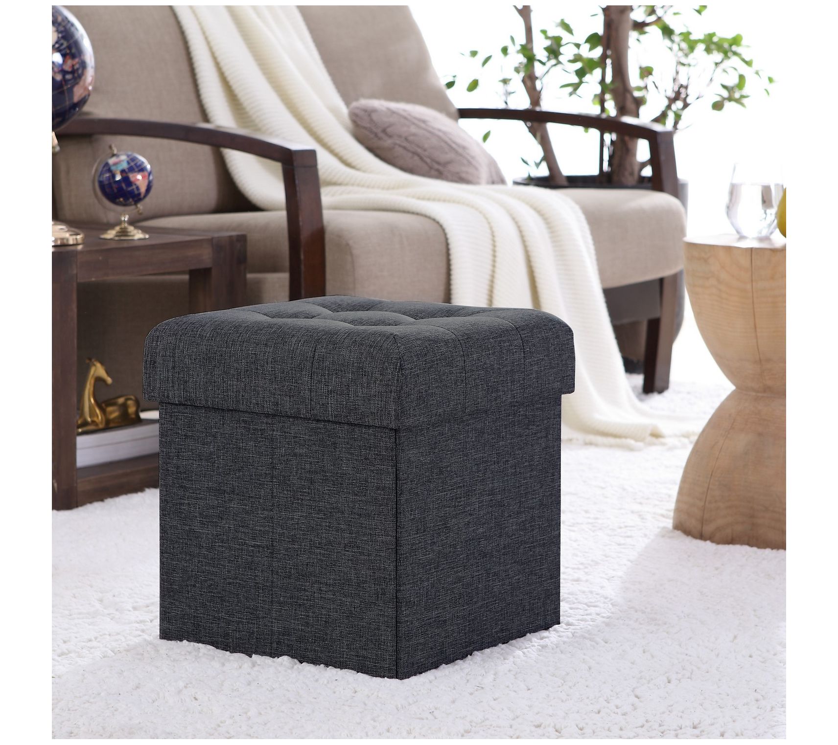Ornavo Home Foldable Tufted Linen Square Cube Storage Ottoman