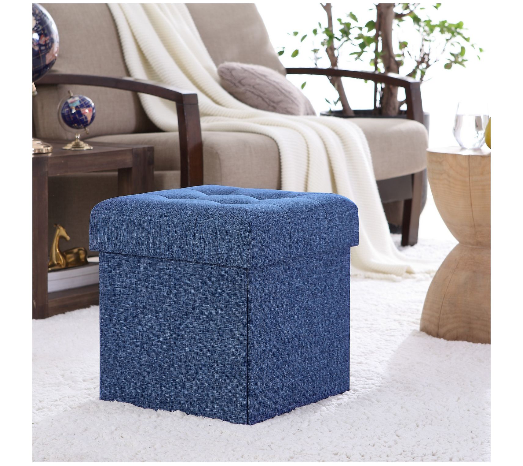 Ornavo Home Foldable Tufted Linen Square Cube Sorage Ottoman
