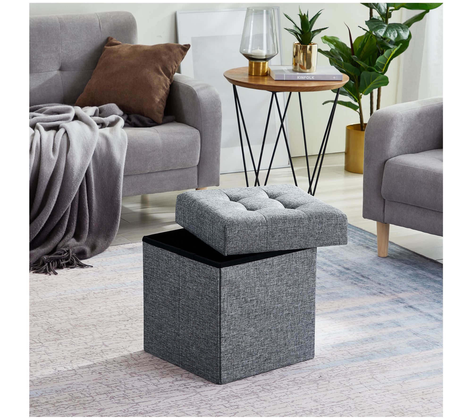 Ornavo Home Foldable Tufted Linen Square Cube Sorage Ottoman