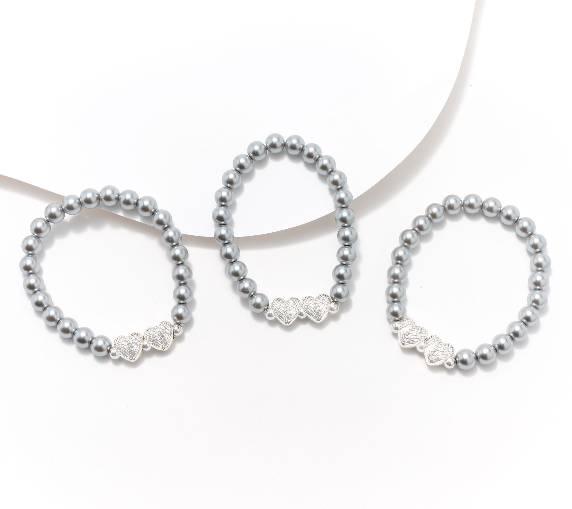 "As Is" Faithful Heart 3-pc Pearl Bracelets with Angel Wings