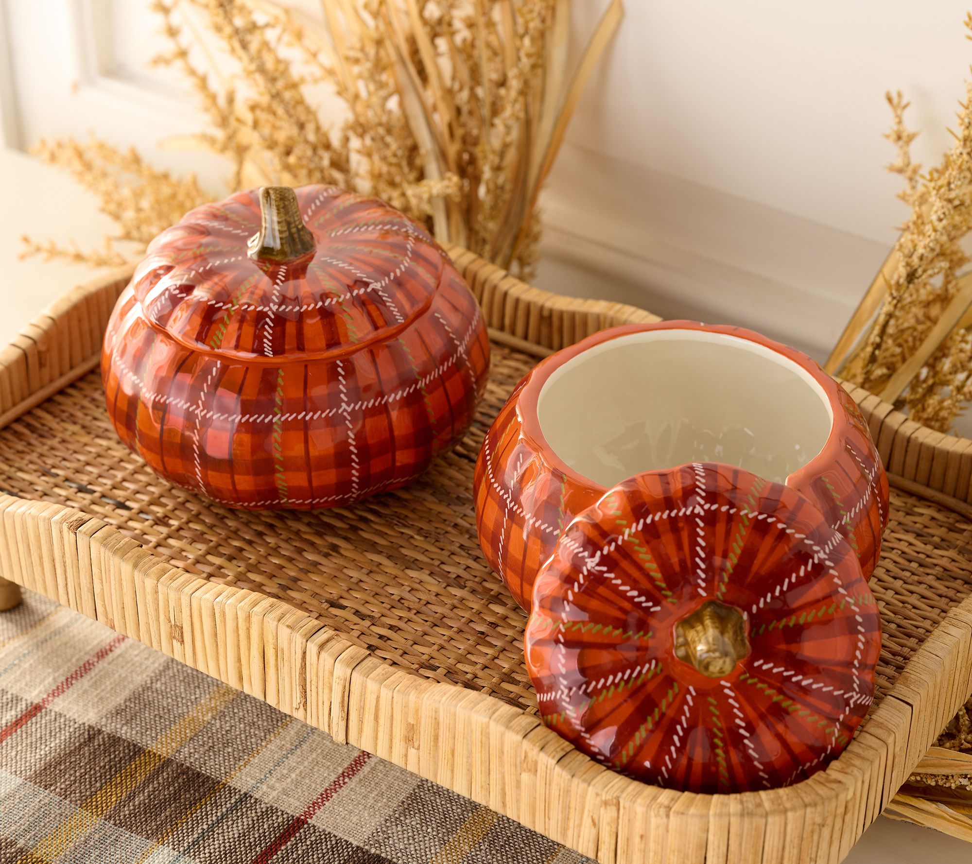ShWk 9/22 S/2 Ceramic Plaid Pumpkin Serving Bowls w/Lids