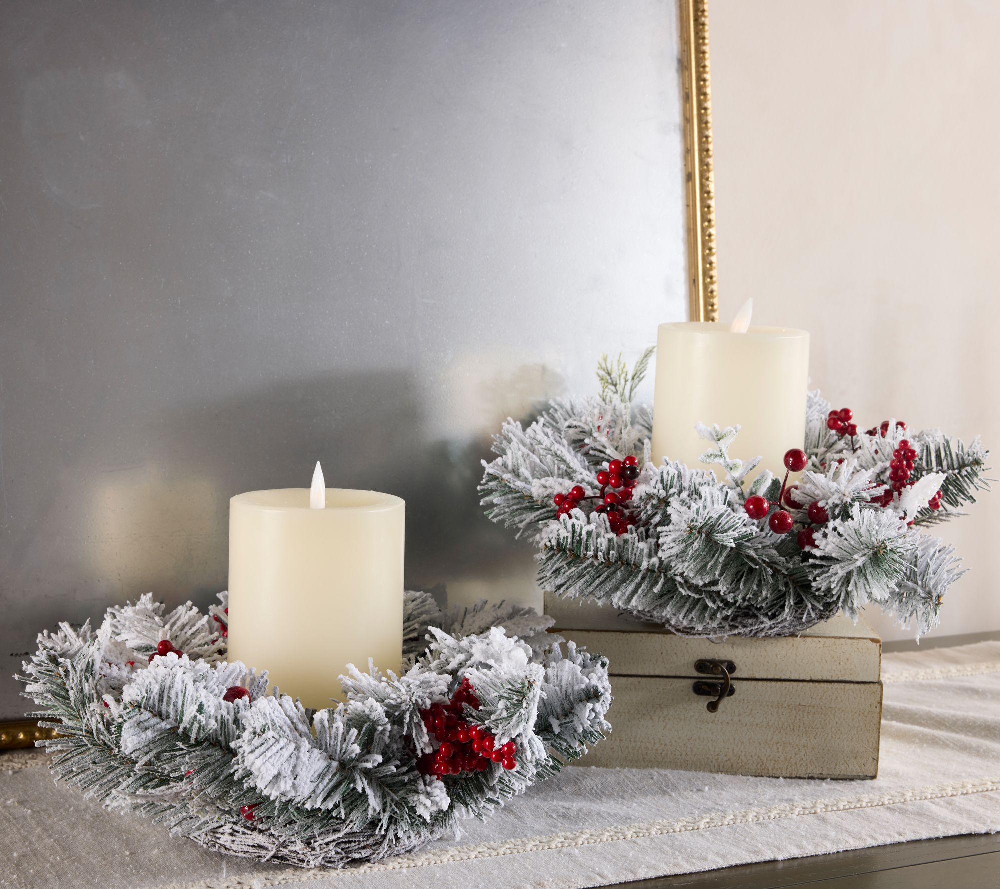 "As Is " Set of 2 Snowy Berry and Greenery Candle Rings by Valerie