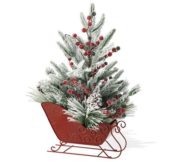 Glitzhome 21"H Christmas Red Sleigh Frosted Floal Centerpiece