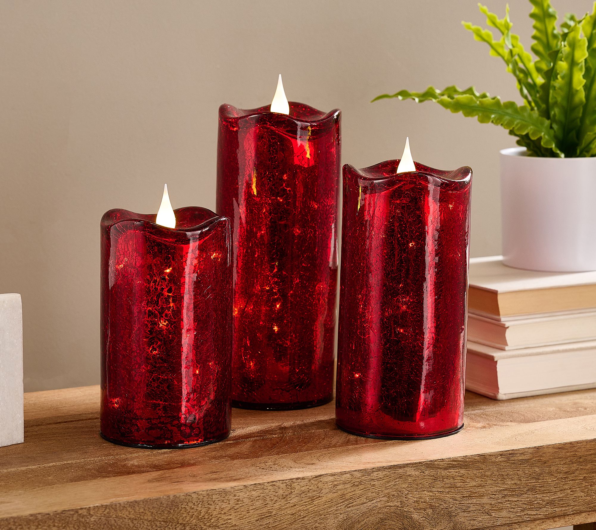 Set of 3 Illuminated Crackle Glass Candles by Valerie - H464230