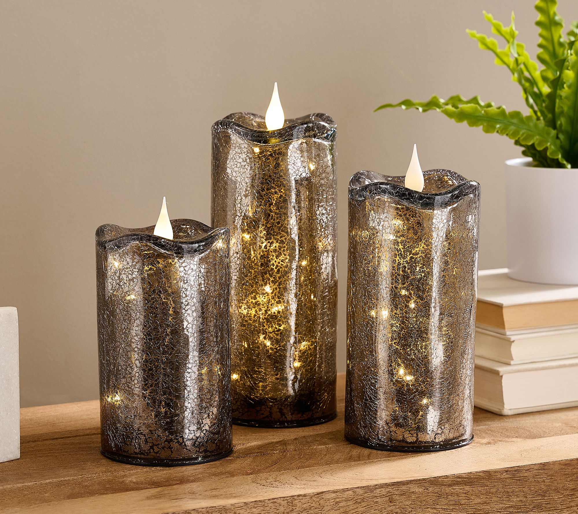 Set of 3 Illuminated Crackle Glass Candles by Valerie