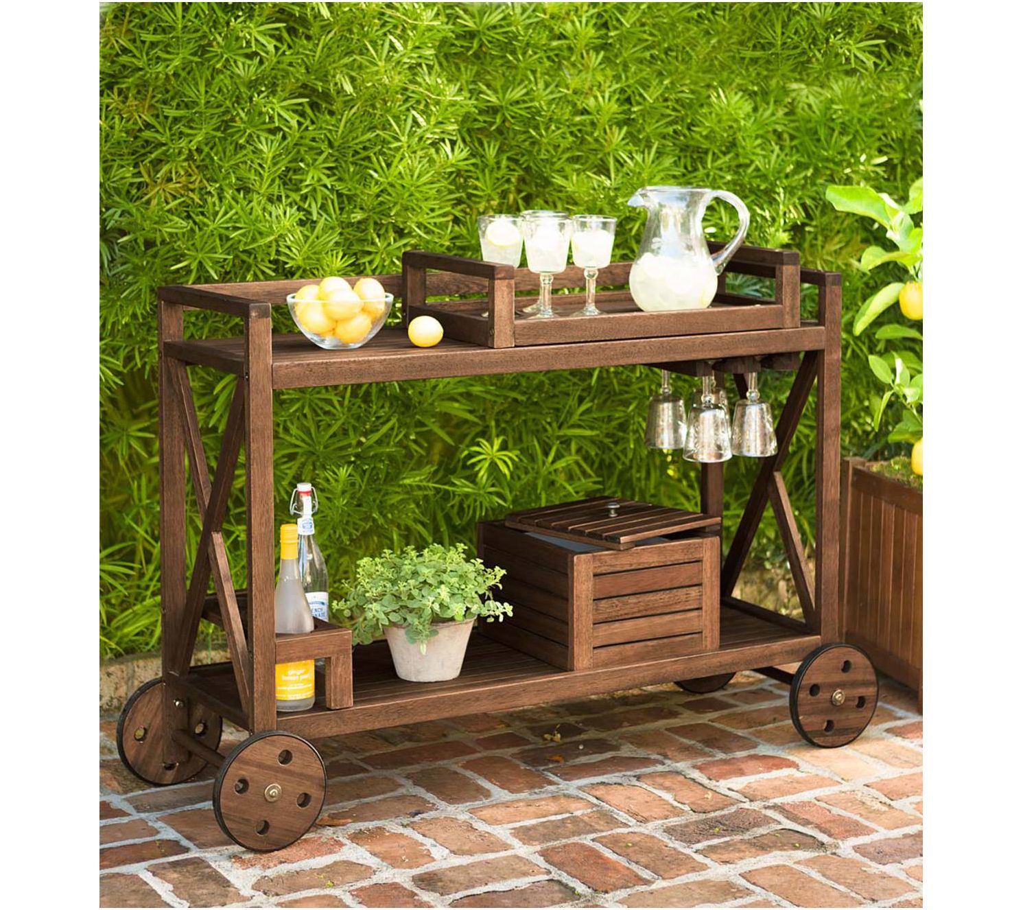 Plow & Hearth Claremont Eucalyptus Rolling Outdoor Bar Cart