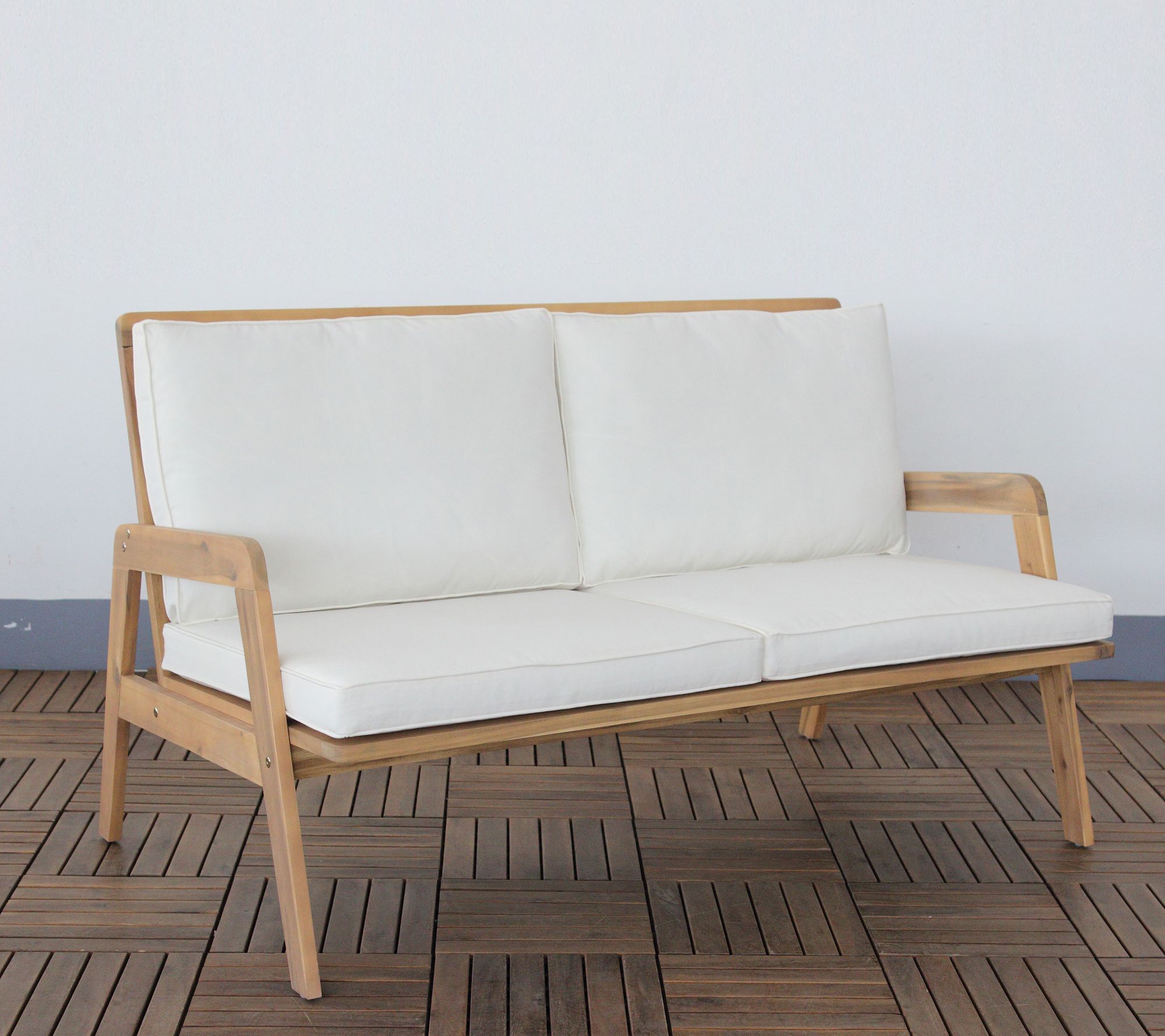 LuxenHome Outdoor Wood Coffee Table and Loveseat with Cushions