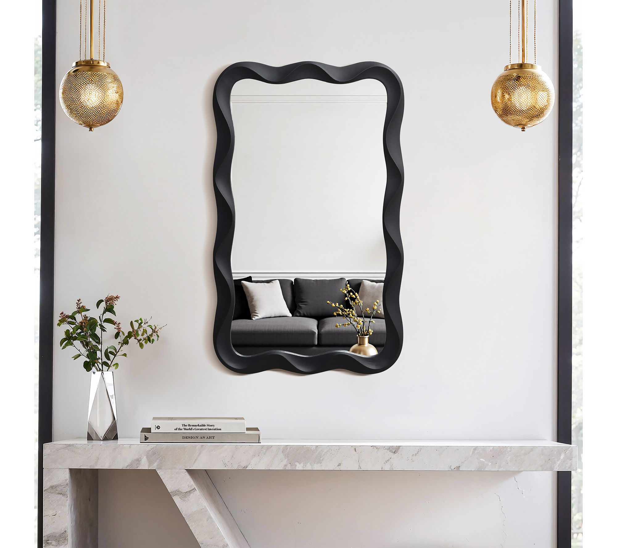LuxenHome Black MDF Wood Wavy 35.43" H x 21.65"W Wall Mirror
