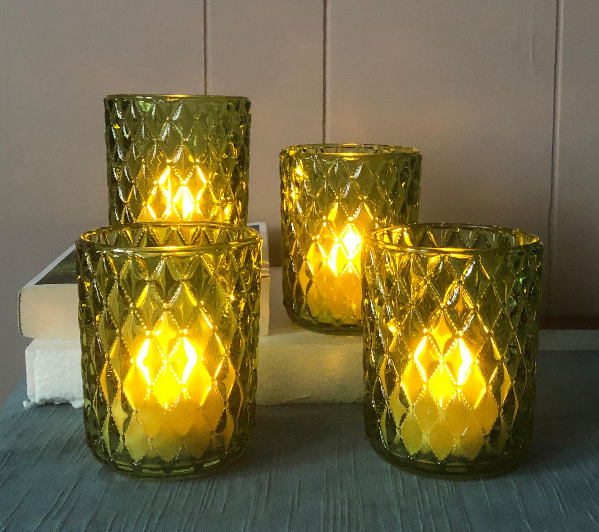 Set Of 4 Illuminated Diamond Design Glass Votives By Valerie - Qvc.com