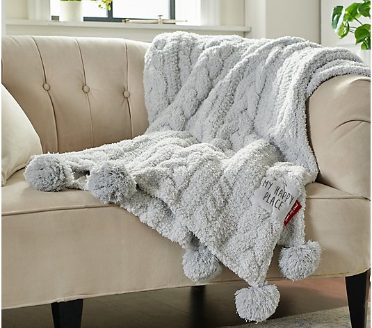 Peace Love World 60" x 70" Mega Luxe Cable Knit Throw with Pom-Poms