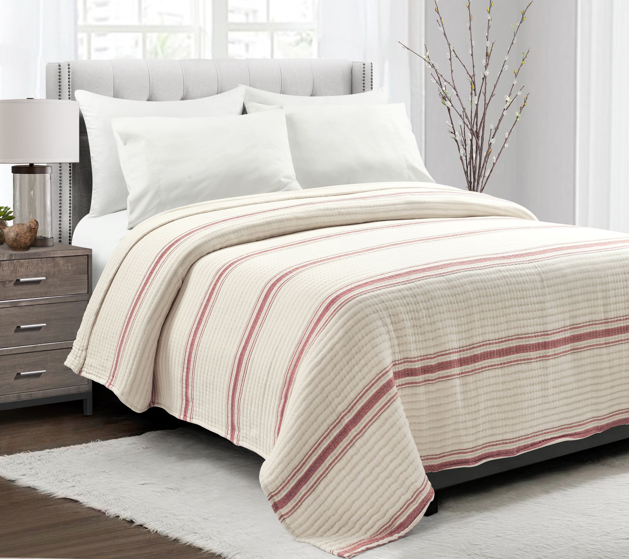 Farmhouse Strip e Kantha Yarn D yed Cotton Wove n FL/QN  Quilt