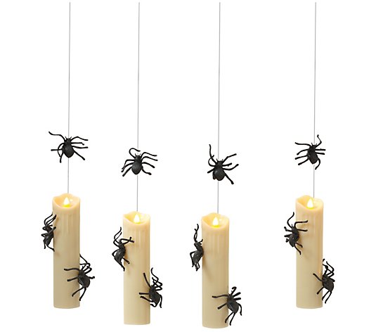 Set of 4 Candles w/ Black Spiders Hanging Mid-Air by Gerson Co