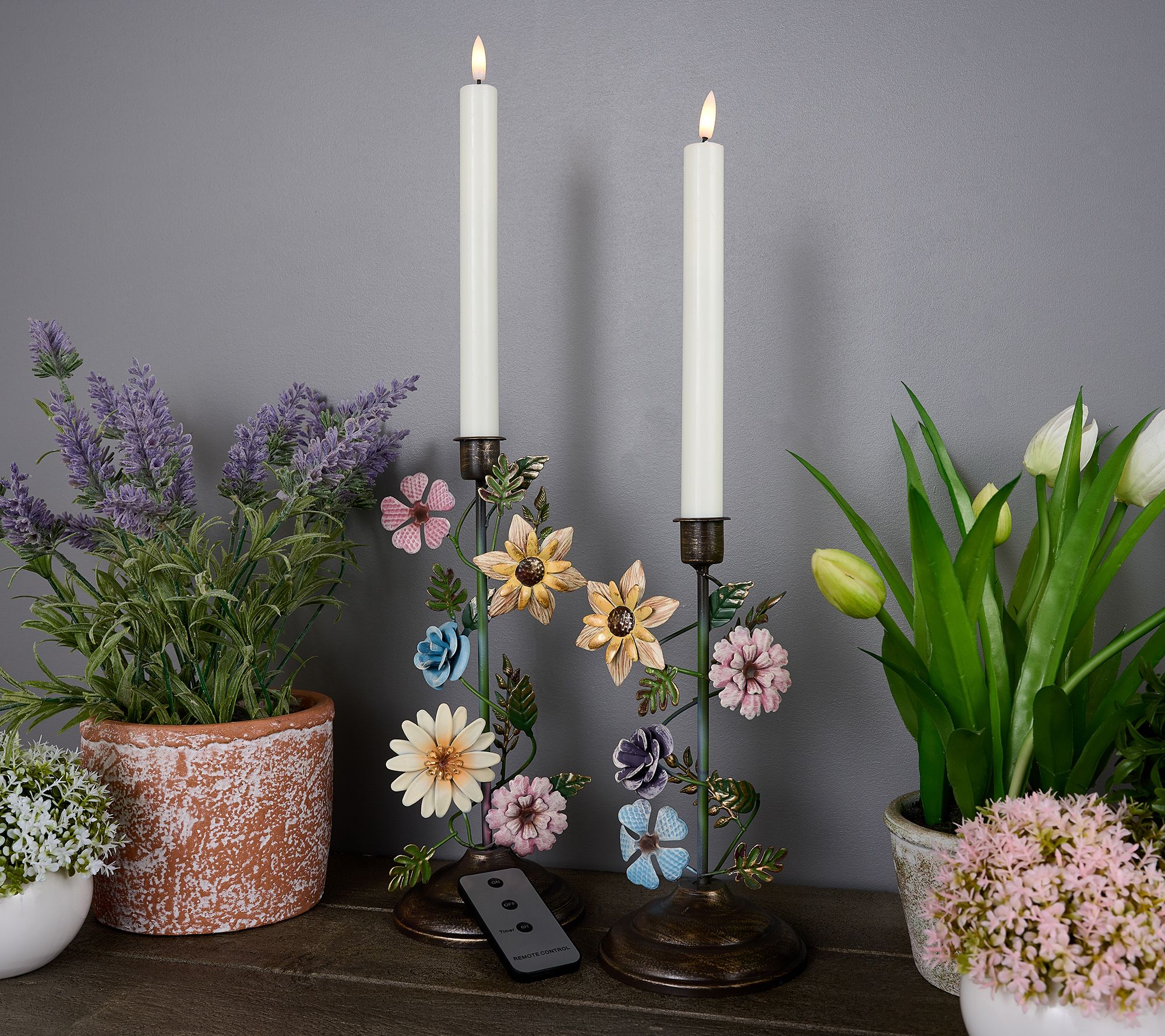 Home Reflections S/2 Flameless Spring Floral Metal Tapers