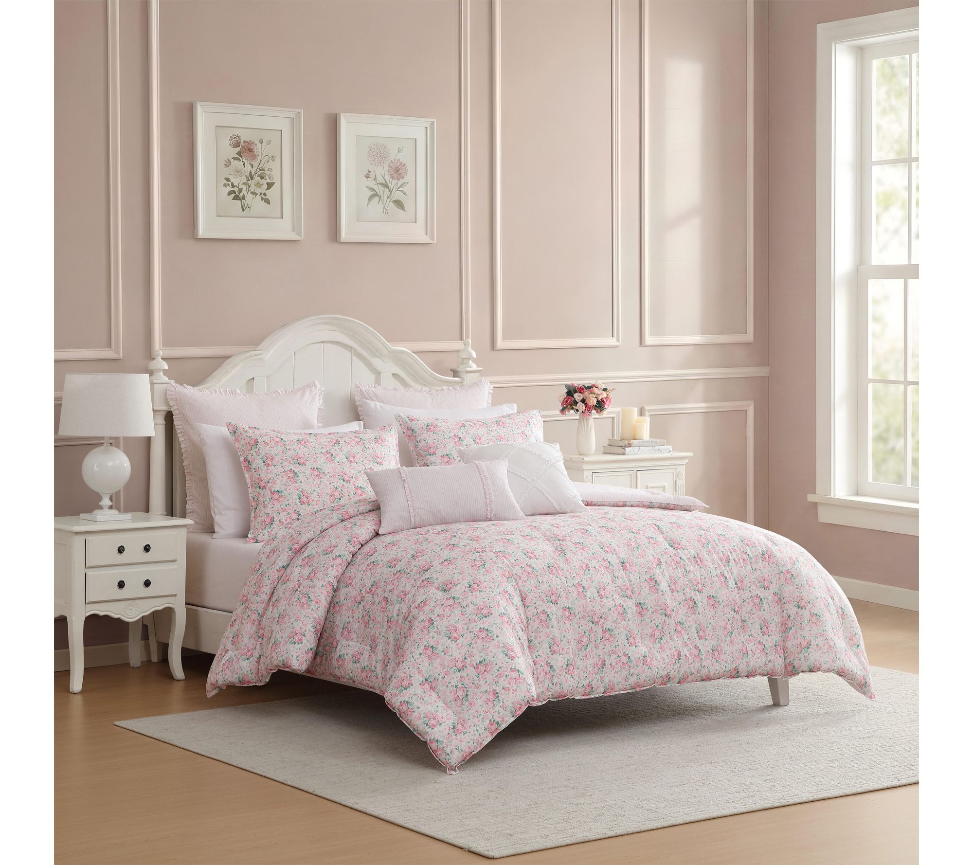 Laura Ashley Pamelposies Pink/Green 7Pc Queen Comforter Set