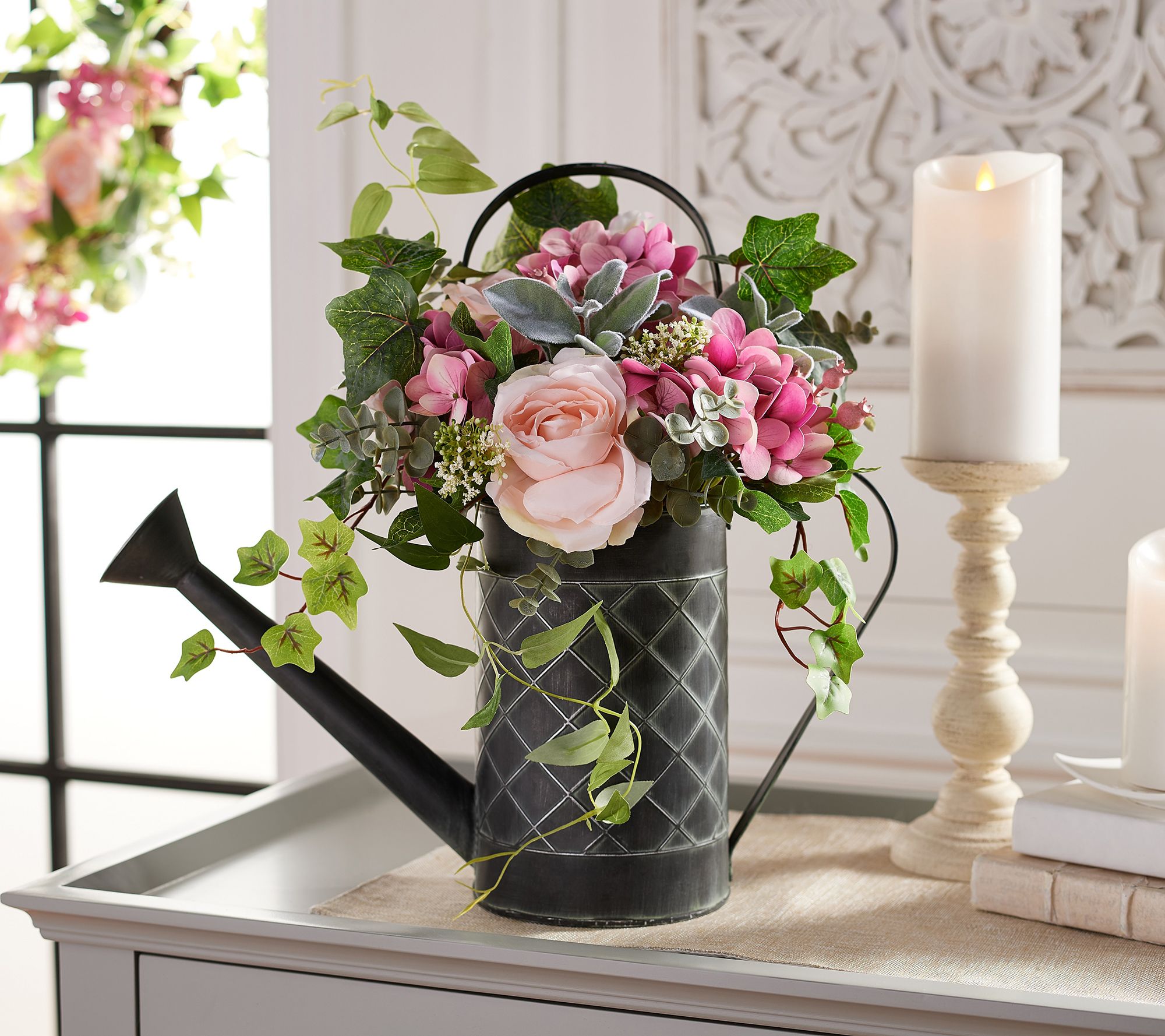 Hydrangea, Rose and Berry Decorative Watering Can by Valerie
