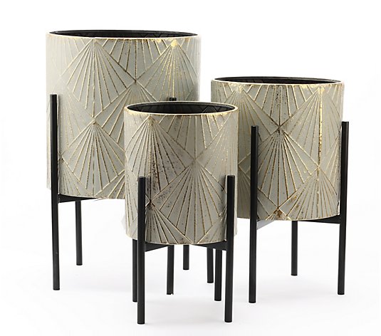 Luxen Home 3-Pc White/Gold Metal Planters withBlack Stand