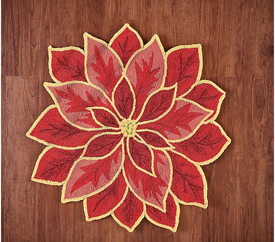 Plow & Hearth 36" Hand Hooked Indoor/Outdoor Poinsettia Shaped Rug