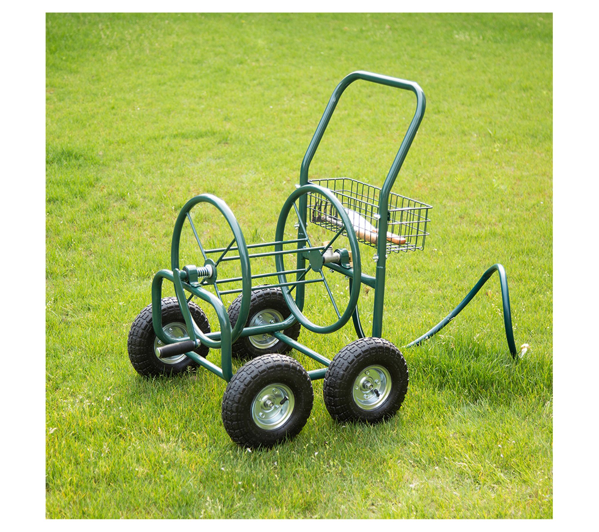Glitzhome 34 4-Wheel Steel Garden Hose Reel Cart w/ Basket 