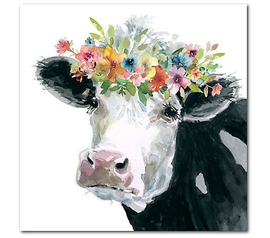 Courtside Market Flower Crown Cow 16x16 CanvasWall Art