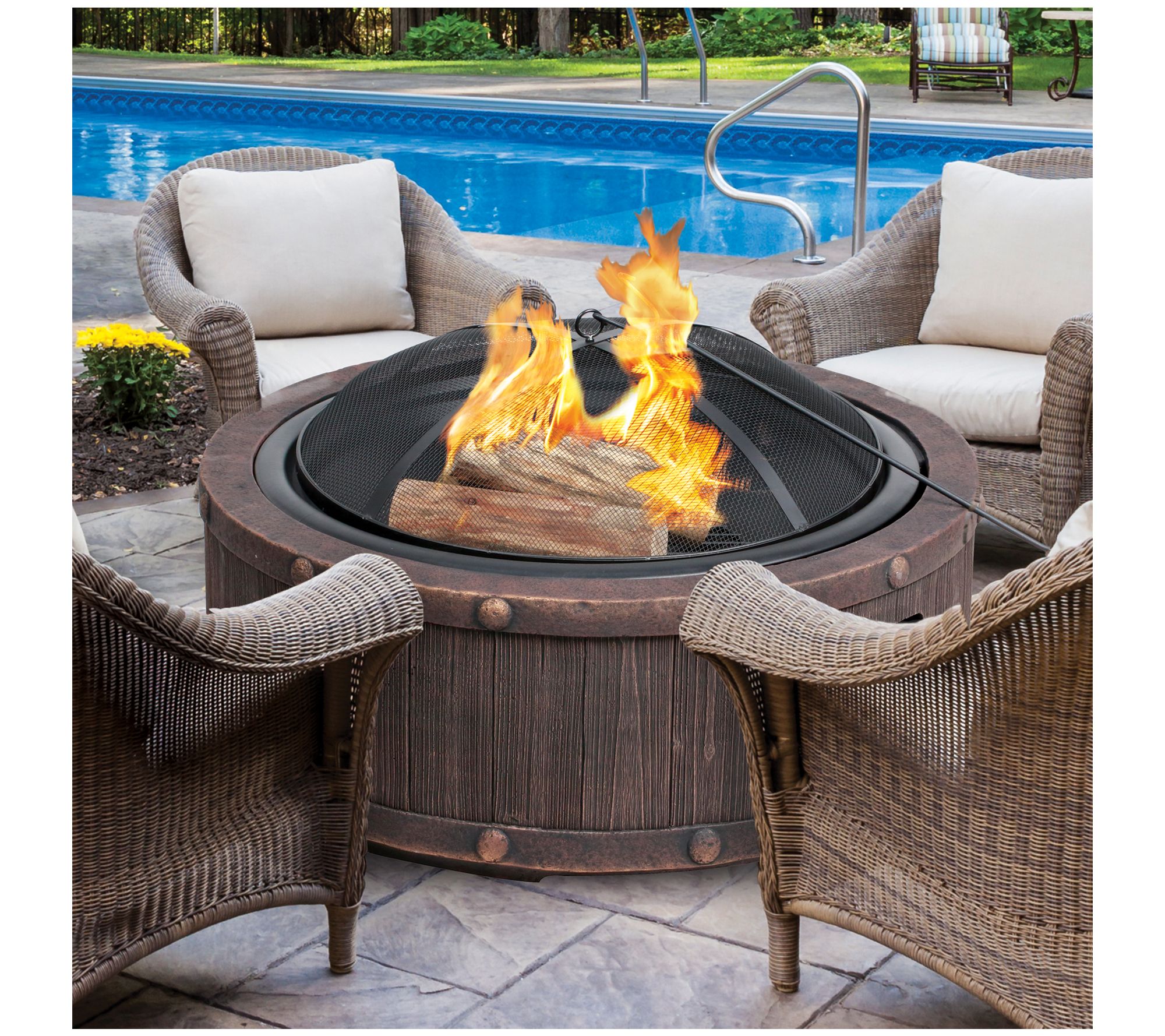 Sun Joe Riveted Cast Stone Base Fire Pit w/DomeScreen & Poker - QVC.com