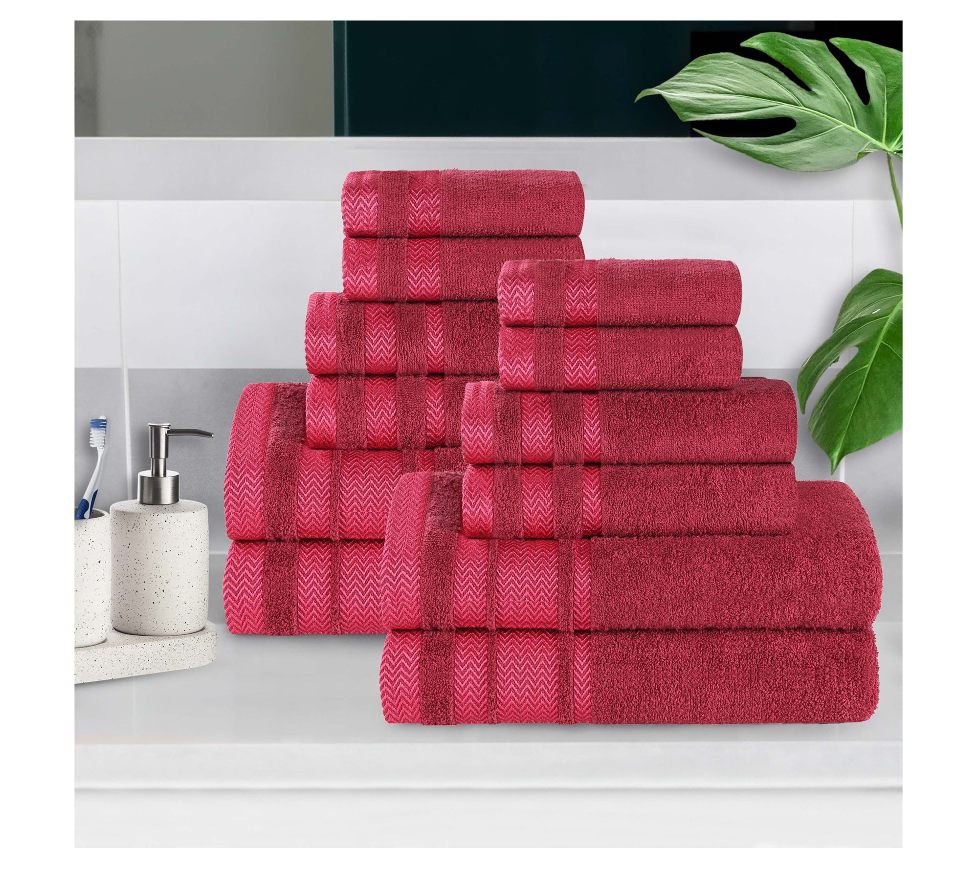 Superior 8pc Zero Twist Cotton Dobby Border Soft Towel Set ,Cranberry