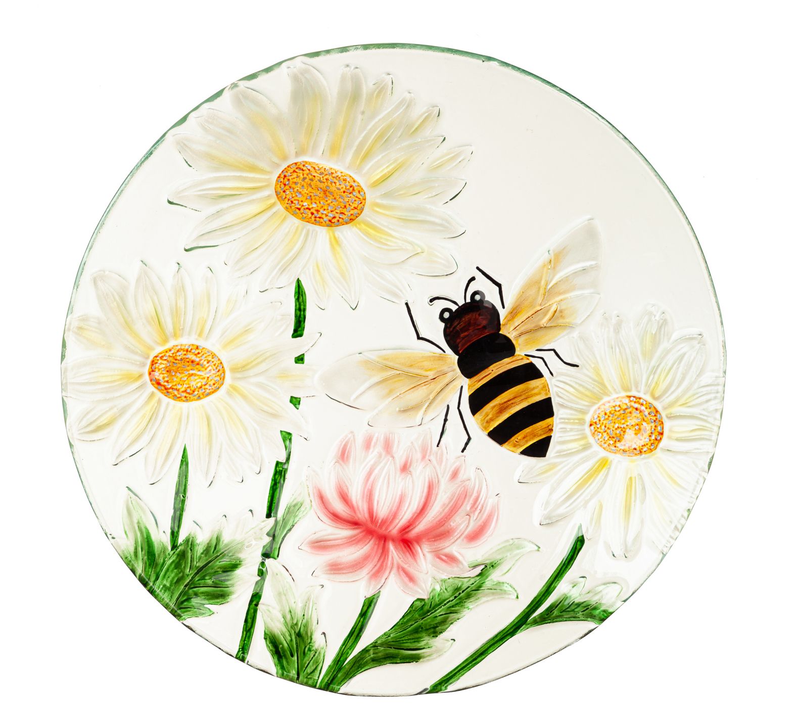 Evergreen 18" Hand Painted Daisies & Bee GlassBird Bath