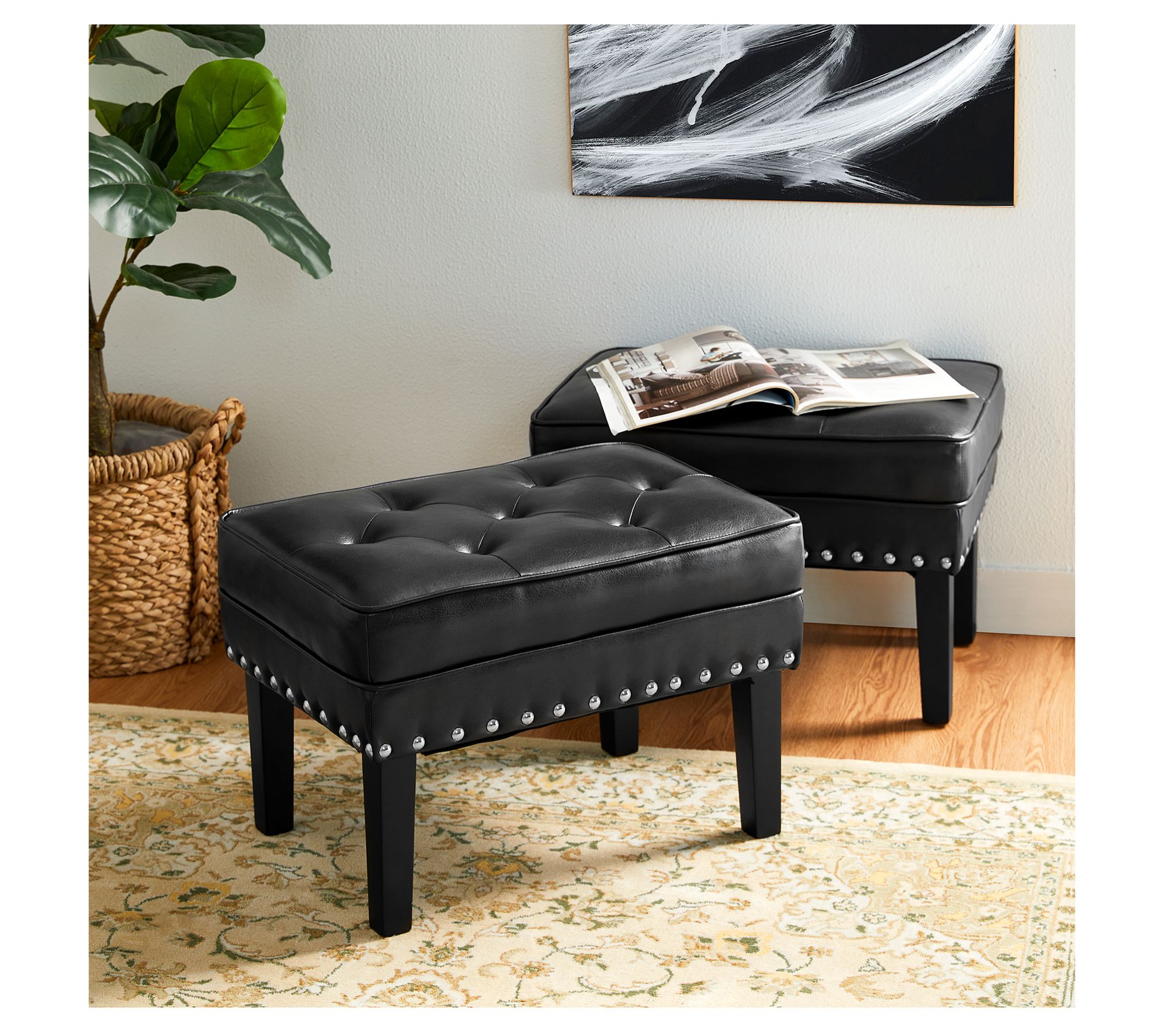 Glitzhome S/2 Mid-Century Faux Leather Button-Tufted Stools - QVC.com