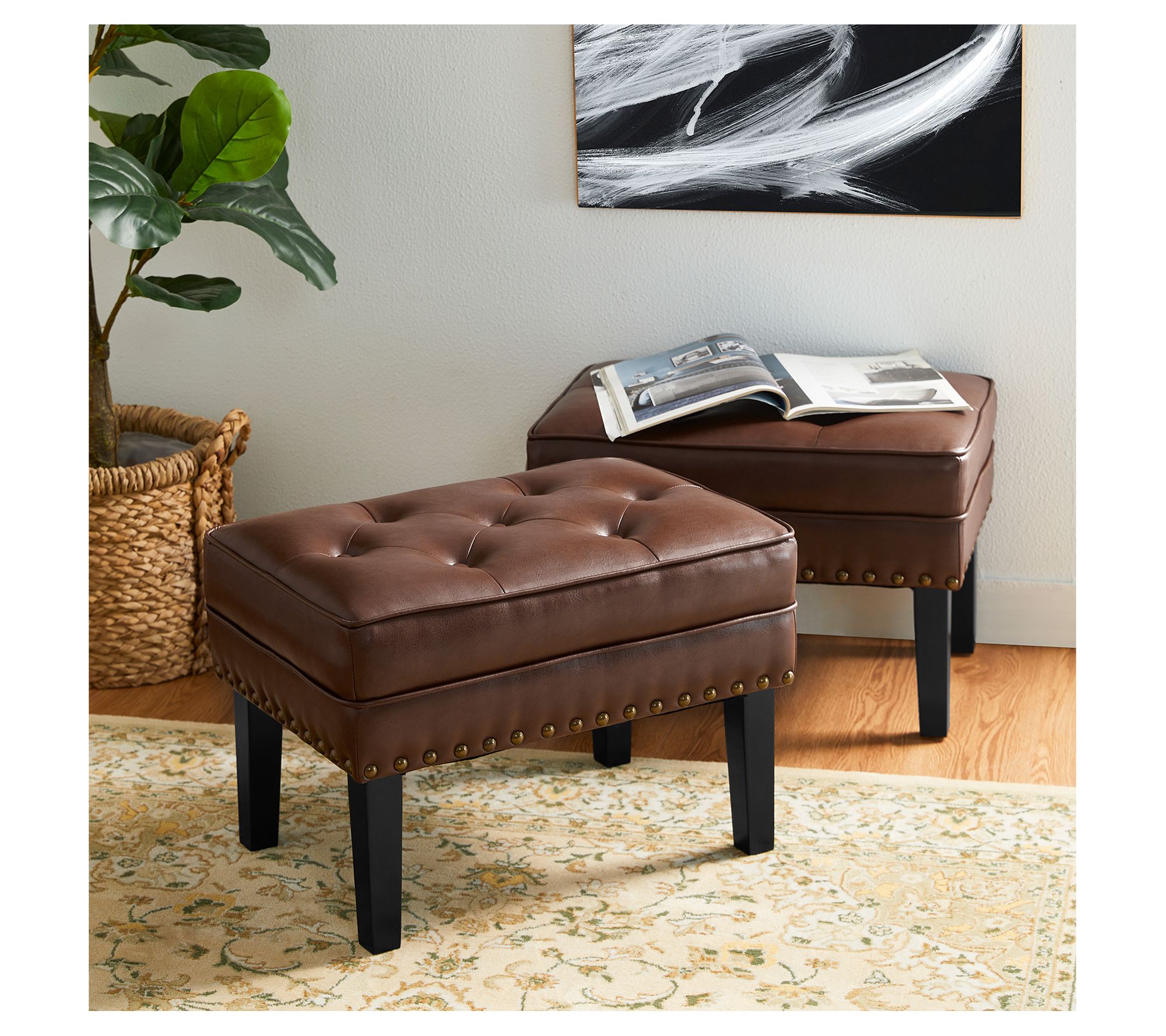 Glitzhome S/2 Mid-Century Faux Leather Button-Tufted Stools