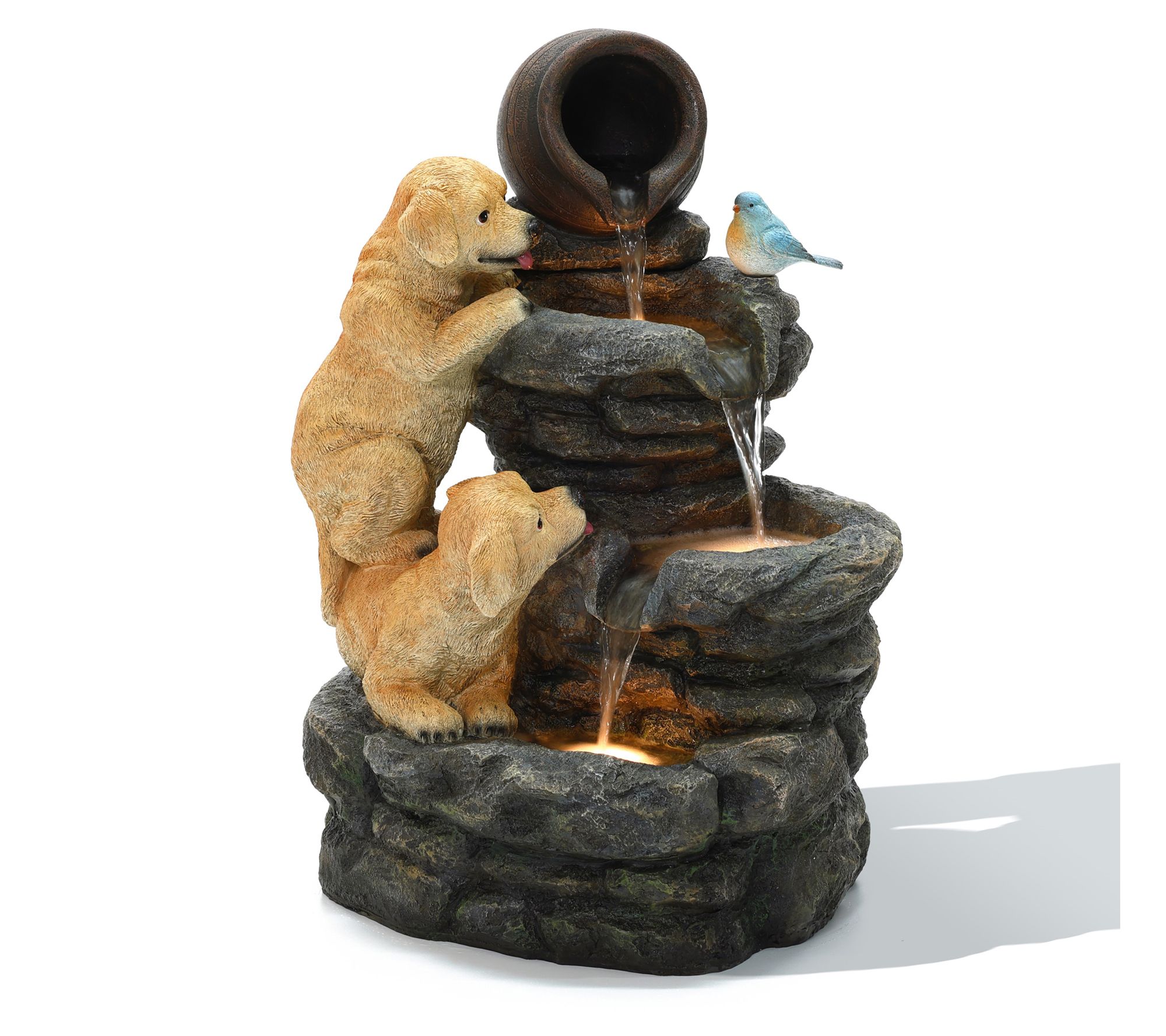 LuxenHome Puppy Rock Tower Farmhouse Resin Outdoor Fountain