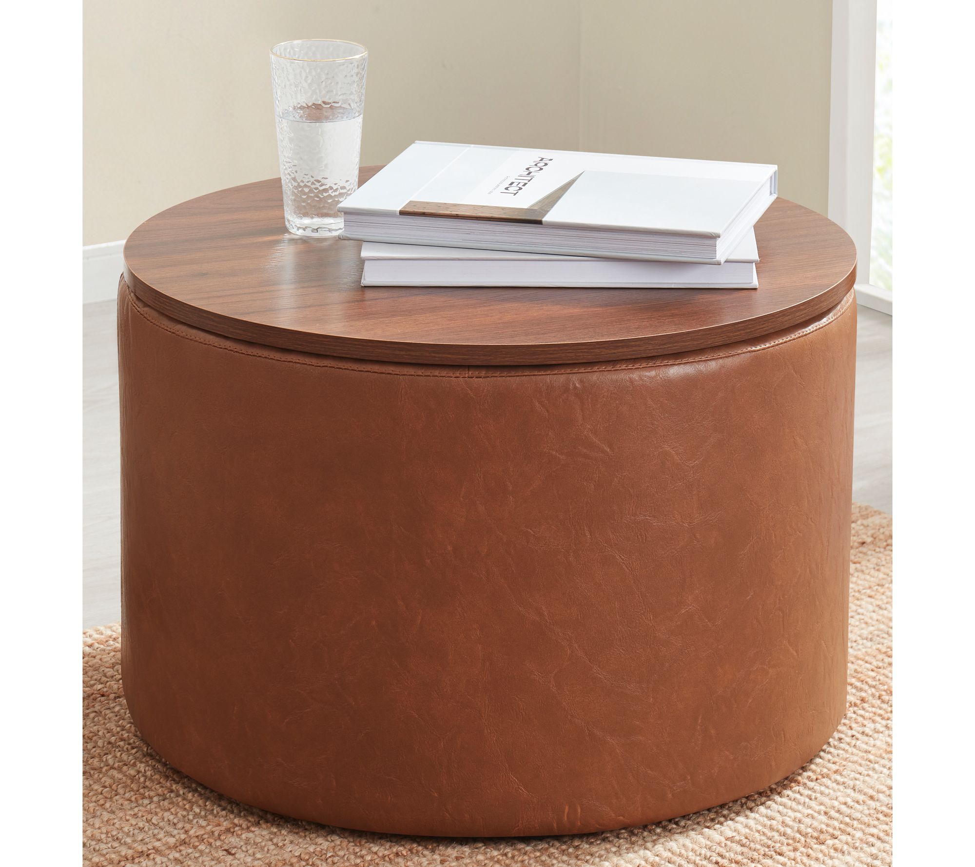 Ornavo Large Round Coffee Table Faux Leather Storage Ottoman