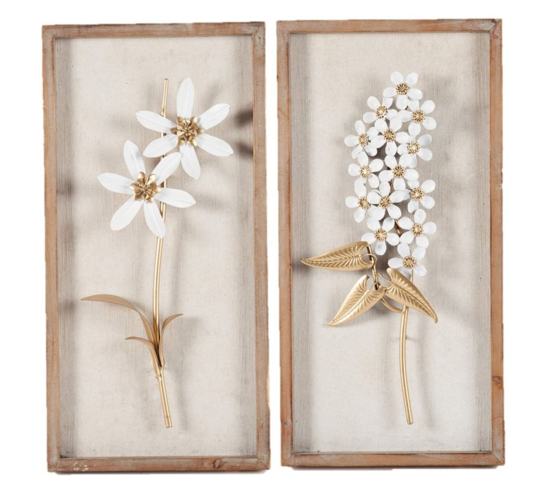 LuxenHome Set of 2 White and Gold Flower Bouquet Wall Decor