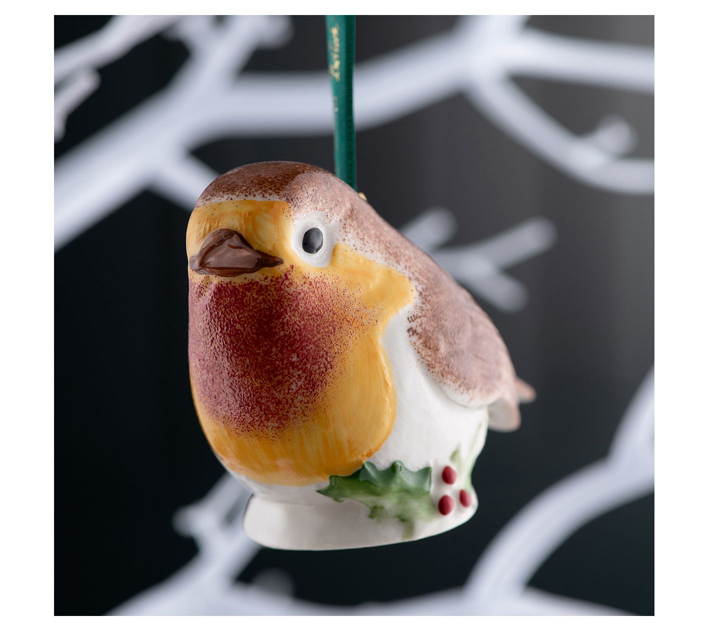 Belleek Robin with Holly Hanging Ornament