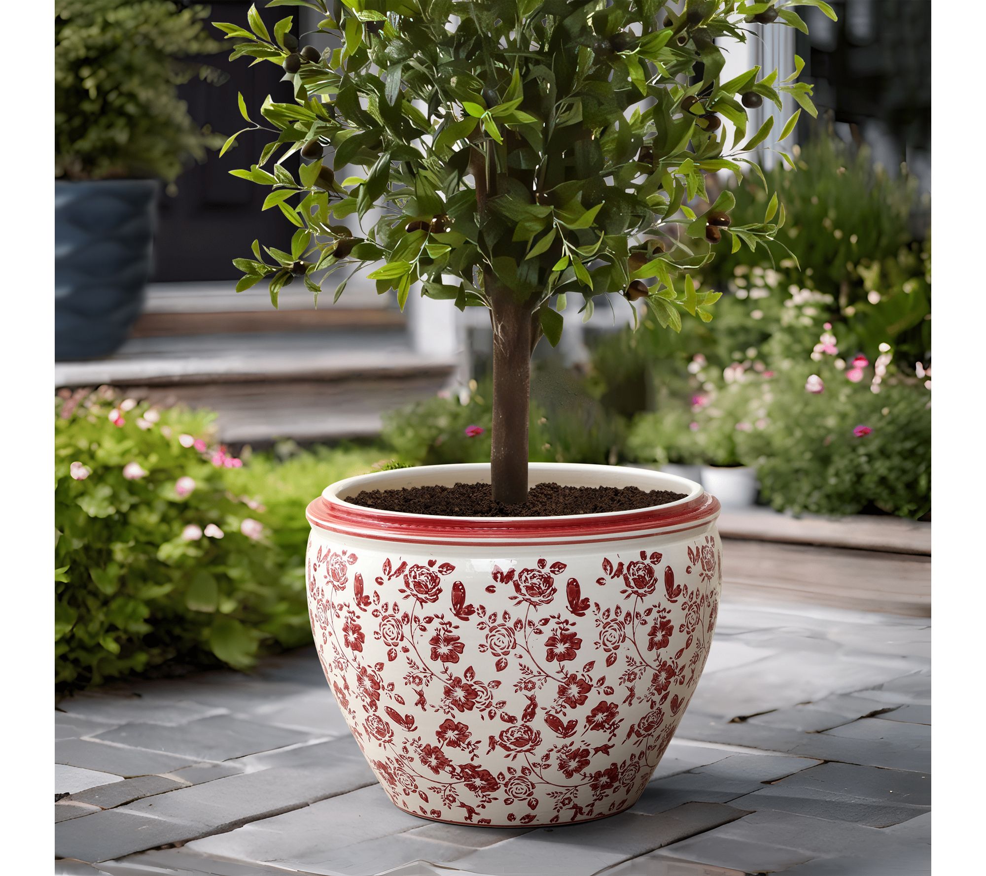 LuxenHome Red Floral Ceramic Planter, 17" RoundPot