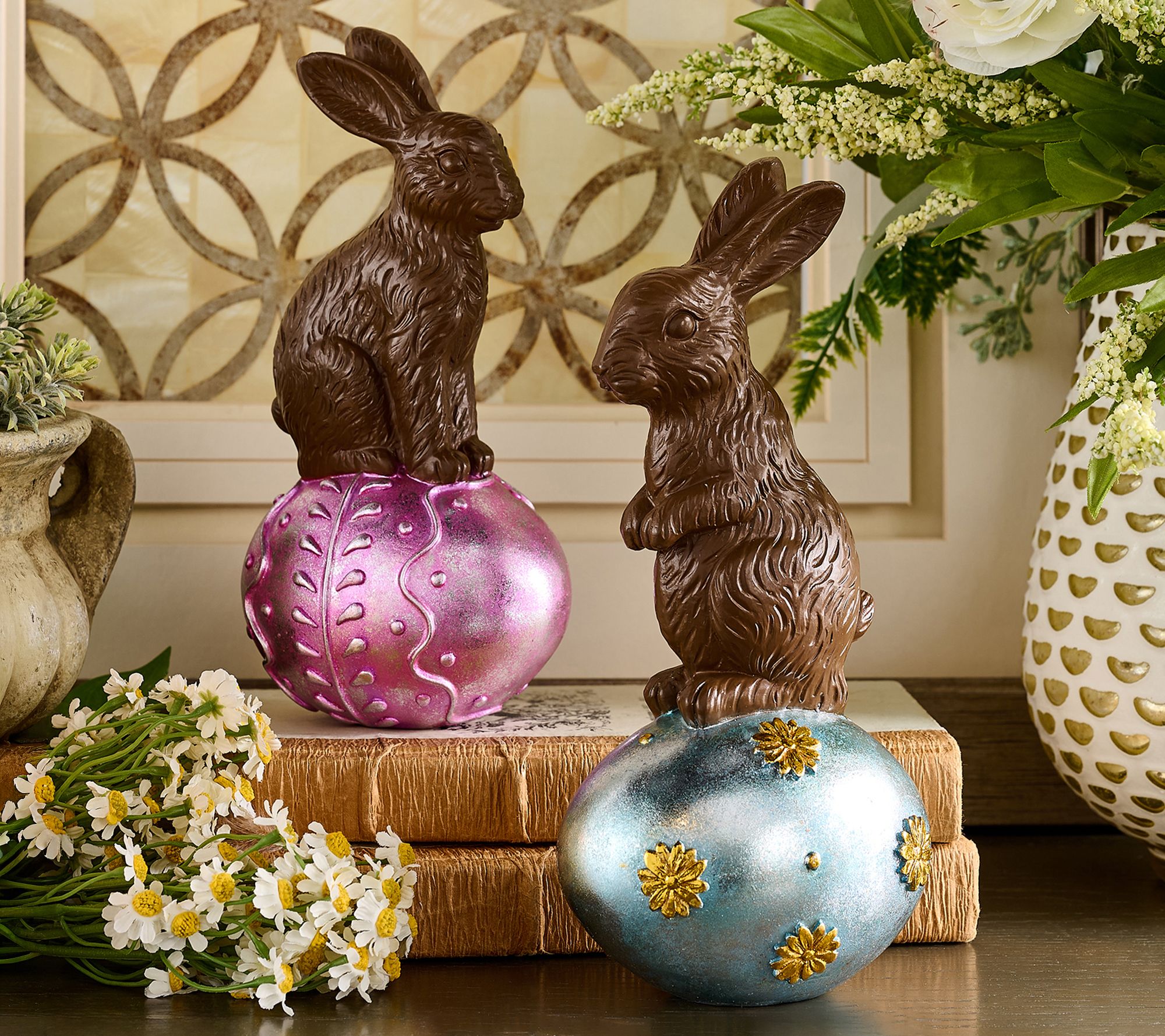 "As Is" Set/2 Chocolate Bunnies with Eggs by Valerie